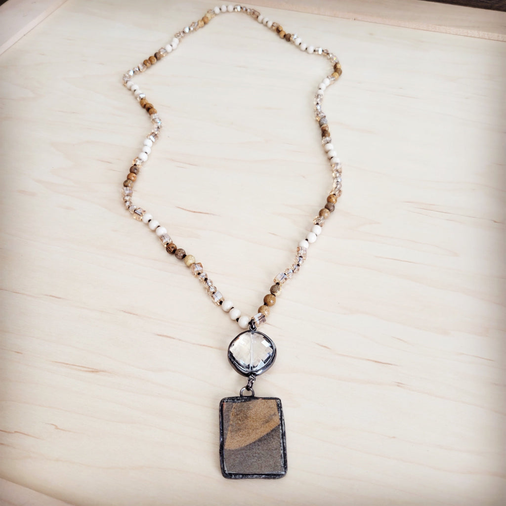 Picture Jasper & Crystal Long Beaded Necklace w/ Jasper Pendant 262t