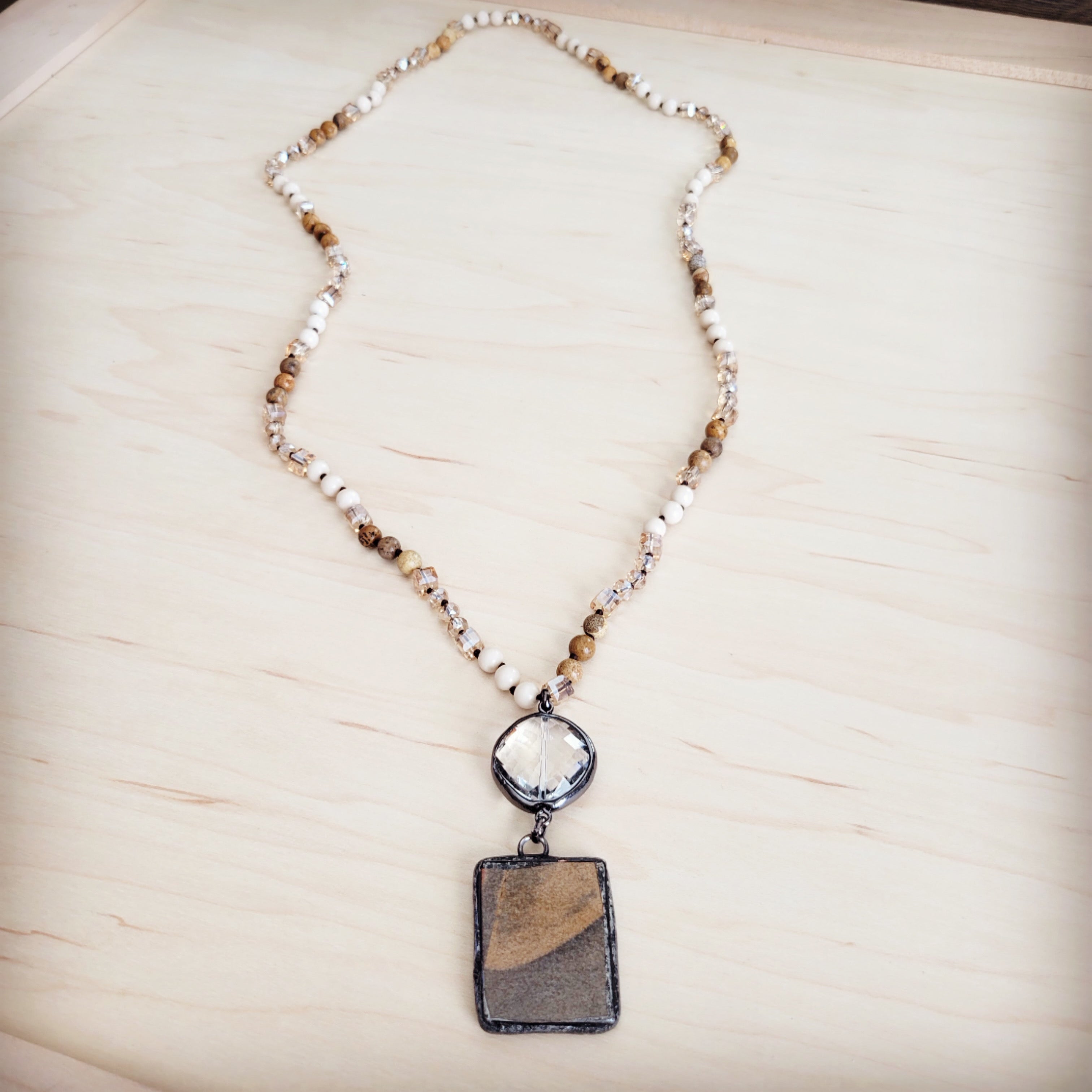 Picture Jasper & Crystal Long Beaded Necklace w/ Jasper Pendant 262t