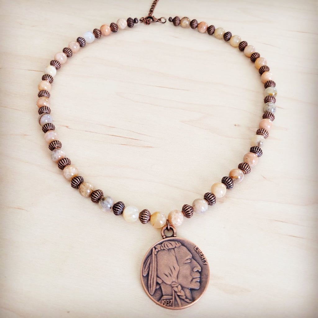 **Natural Agate Beaded Collar Necklace w/ Indian Head Pendant 262m