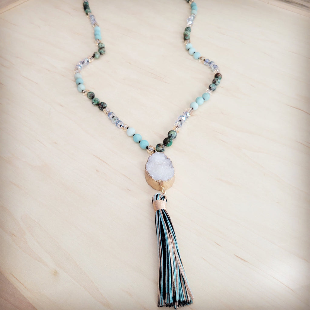 Long Amazonite Necklace with Genuine White Druzy Pendant  262j
