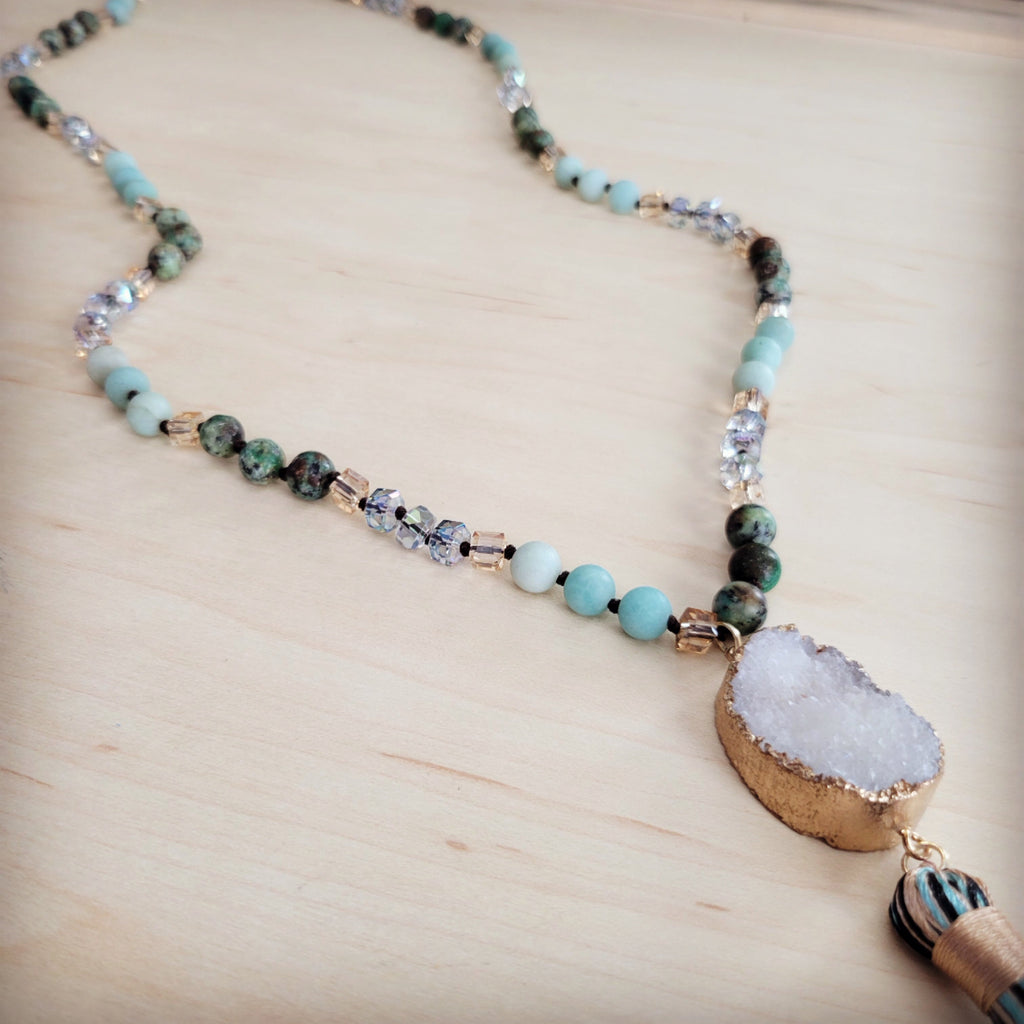 Long Amazonite Necklace with Genuine White Druzy Pendant  262j