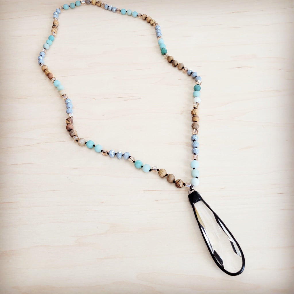 Picture Jasper & Amazonite Long Beaded Necklace w/ Crystal Pendant 262r
