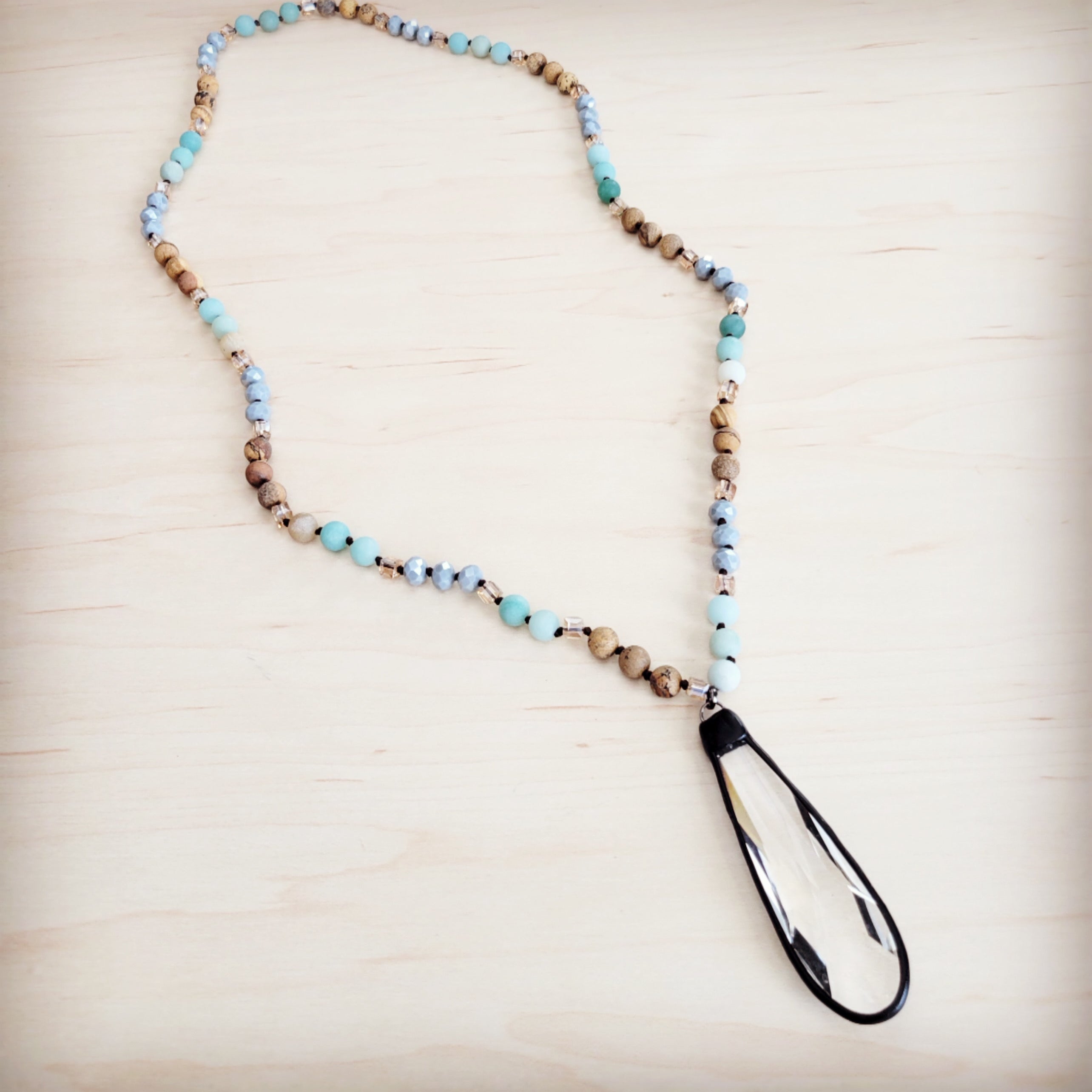 Picture Jasper & Amazonite Long Beaded Necklace w/ Crystal Pendant 262r