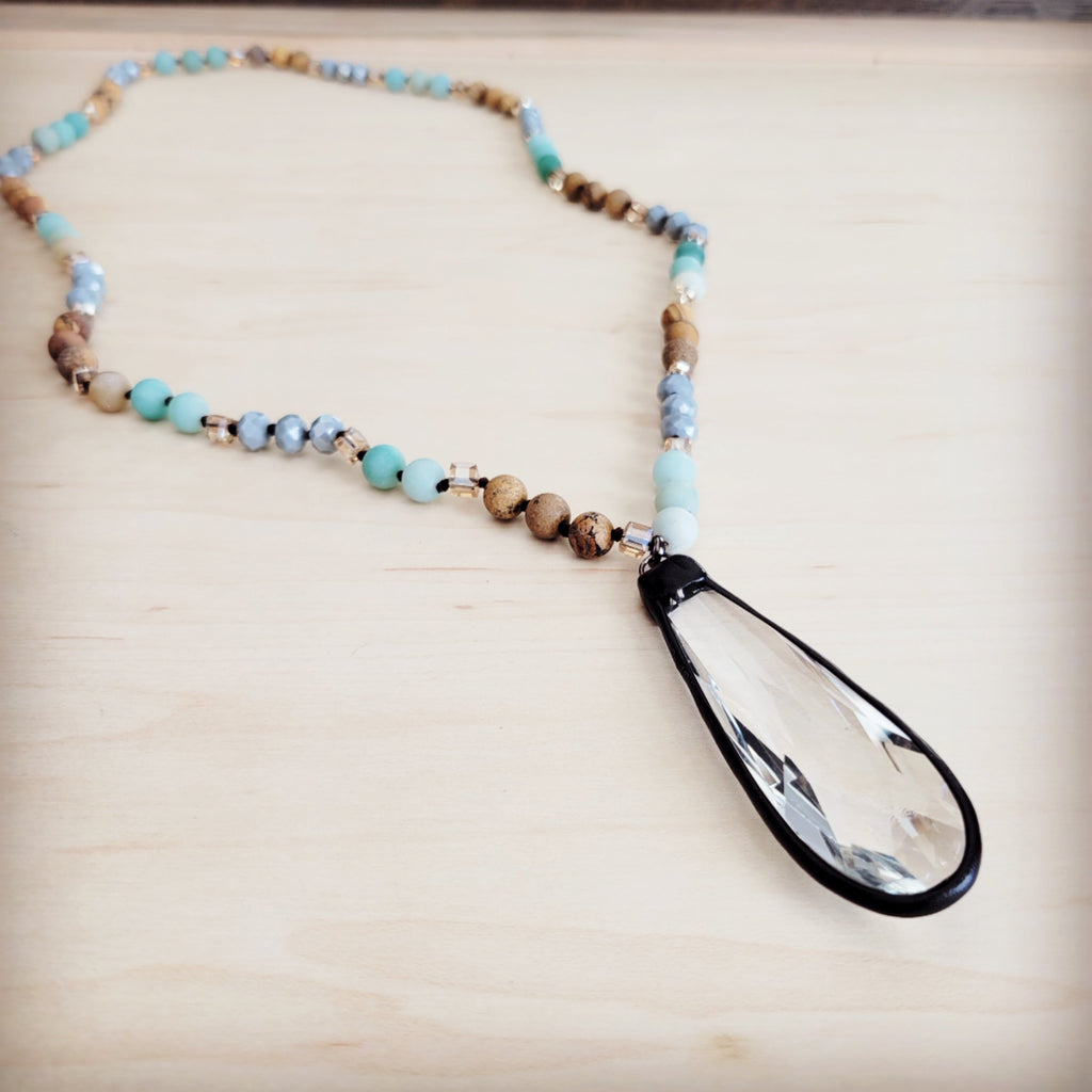 Picture Jasper & Amazonite Long Beaded Necklace w/ Crystal Pendant 262r