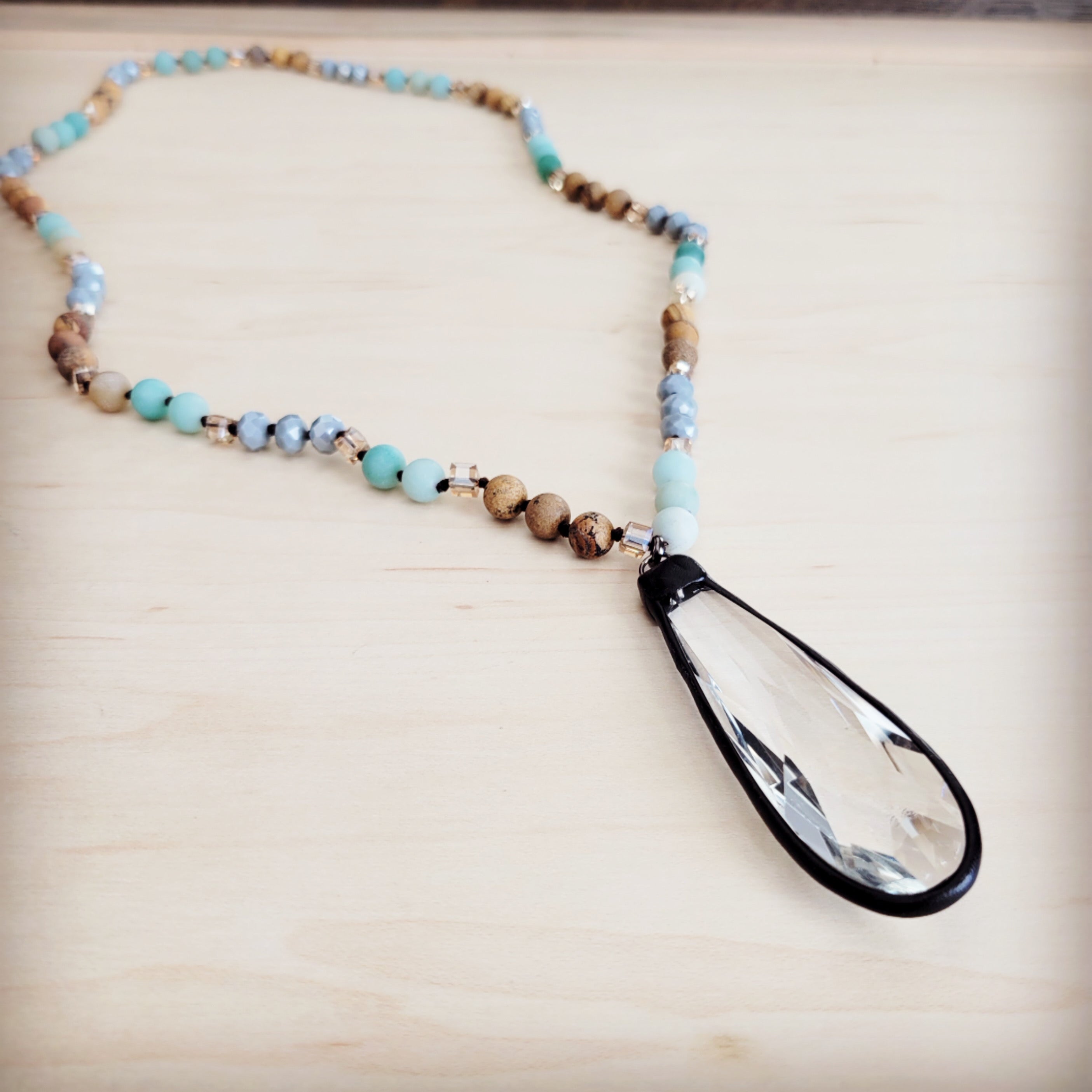 Picture Jasper & Amazonite Long Beaded Necklace w/ Crystal Pendant 262r