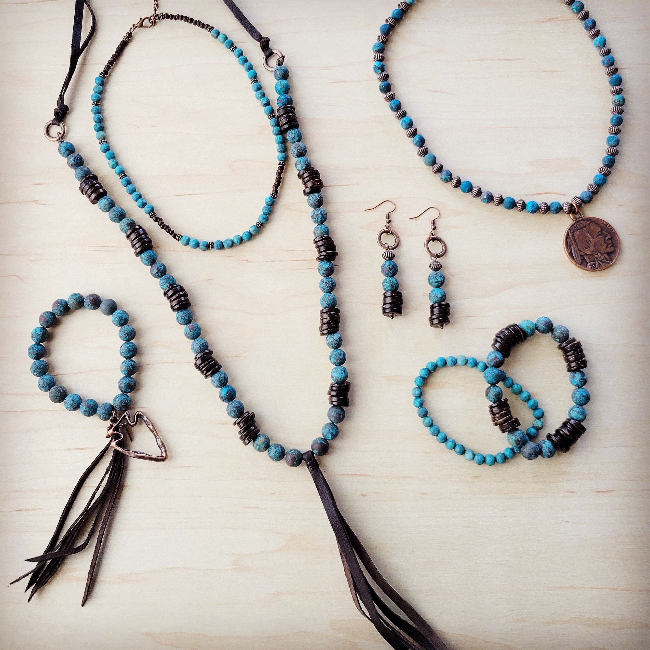 Natural American Turquoise Beaded Collar Necklace w/ Indian Head Pendant 262h