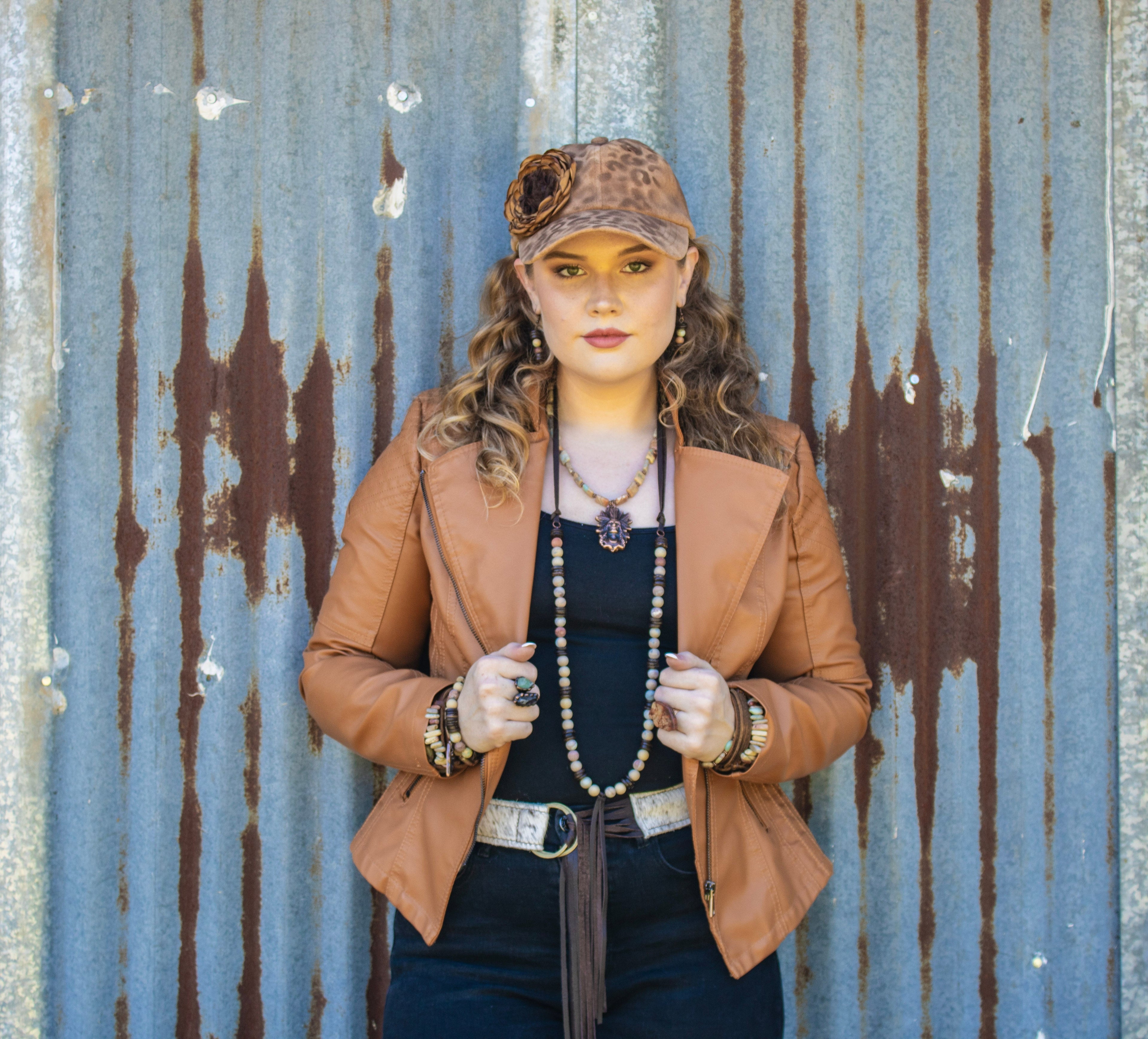 **Genuine Leather Cuff with Aqua Terra Gemstone Chunks 005e