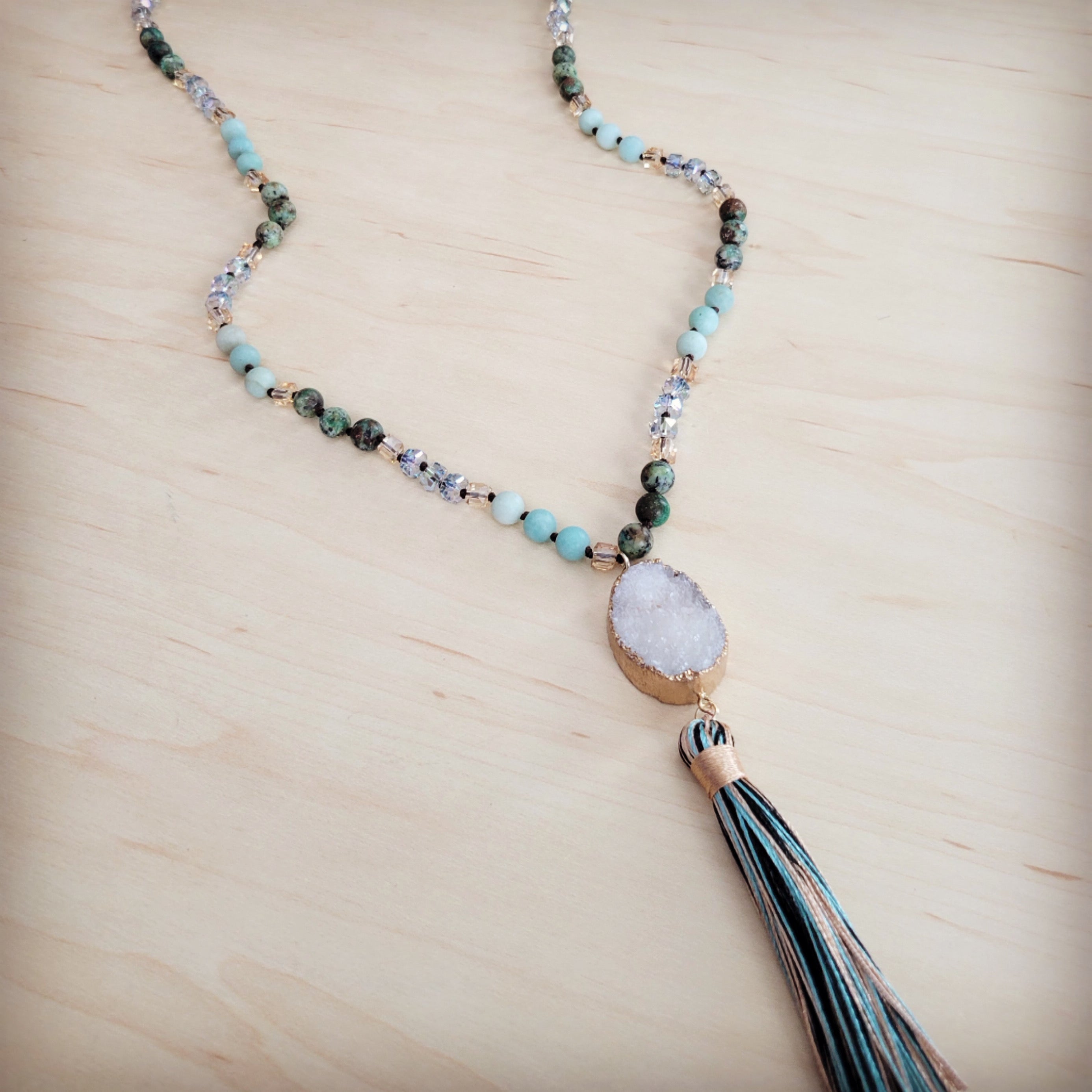 Long Amazonite Necklace with Genuine White Druzy Pendant  262j
