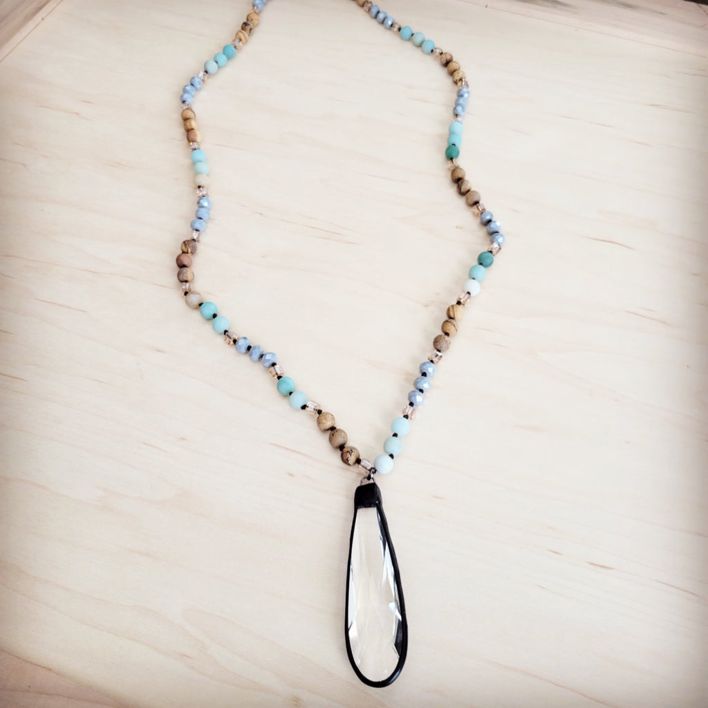 Picture Jasper & Amazonite Long Beaded Necklace w/ Crystal Pendant 262r