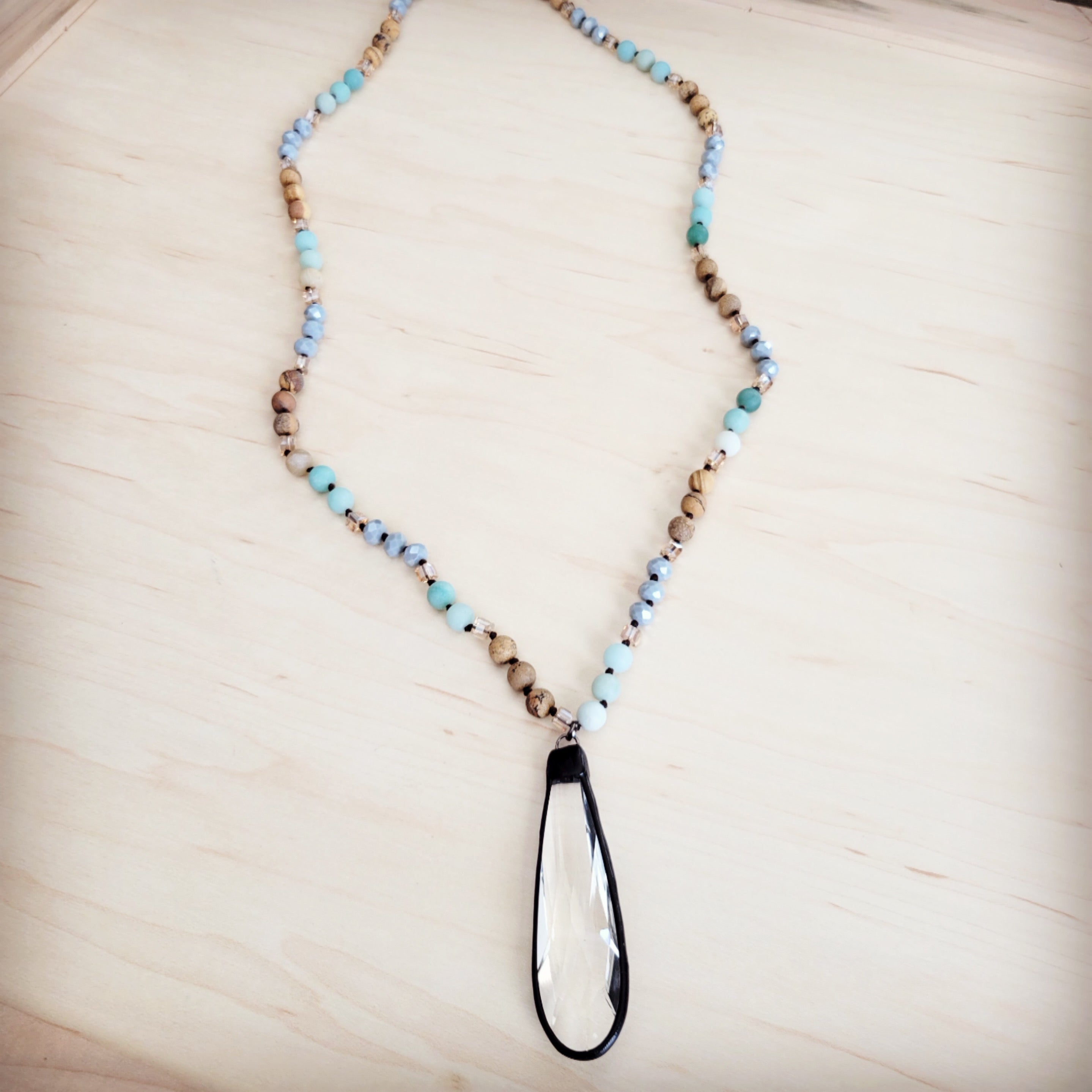 Picture Jasper & Amazonite Long Beaded Necklace w/ Crystal Pendant 262r