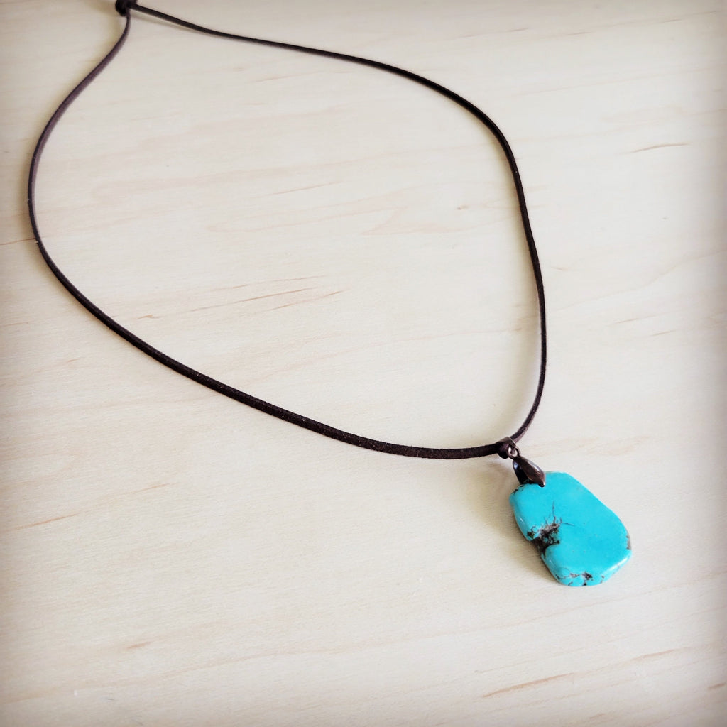 **Turquoise Slab Pendant on Leather Cord Necklace 254d