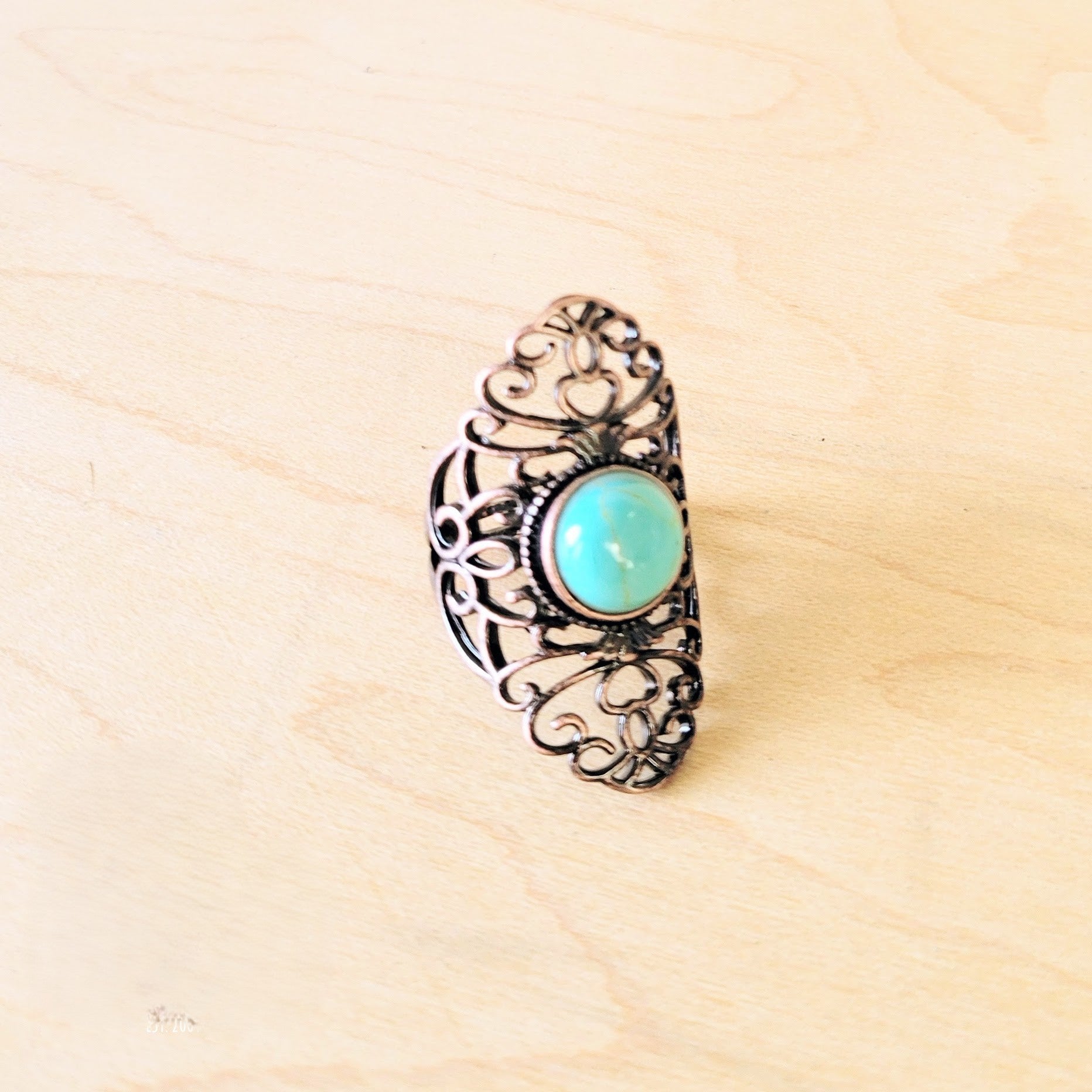 **Blue Turquoise Ring in Antique Copper Filigree Setting 012d3