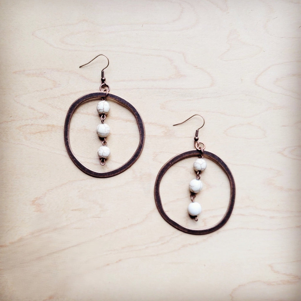 Western Copper Hoop Earrings w/ White Turquoise Beads 224g