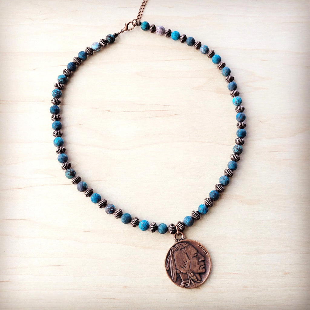 Natural American Turquoise Beaded Collar Necklace w/ Indian Head Pendant 262h