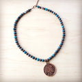 Natural American Turquoise Beaded Collar Necklace w/ Indian Head Pendant 262h