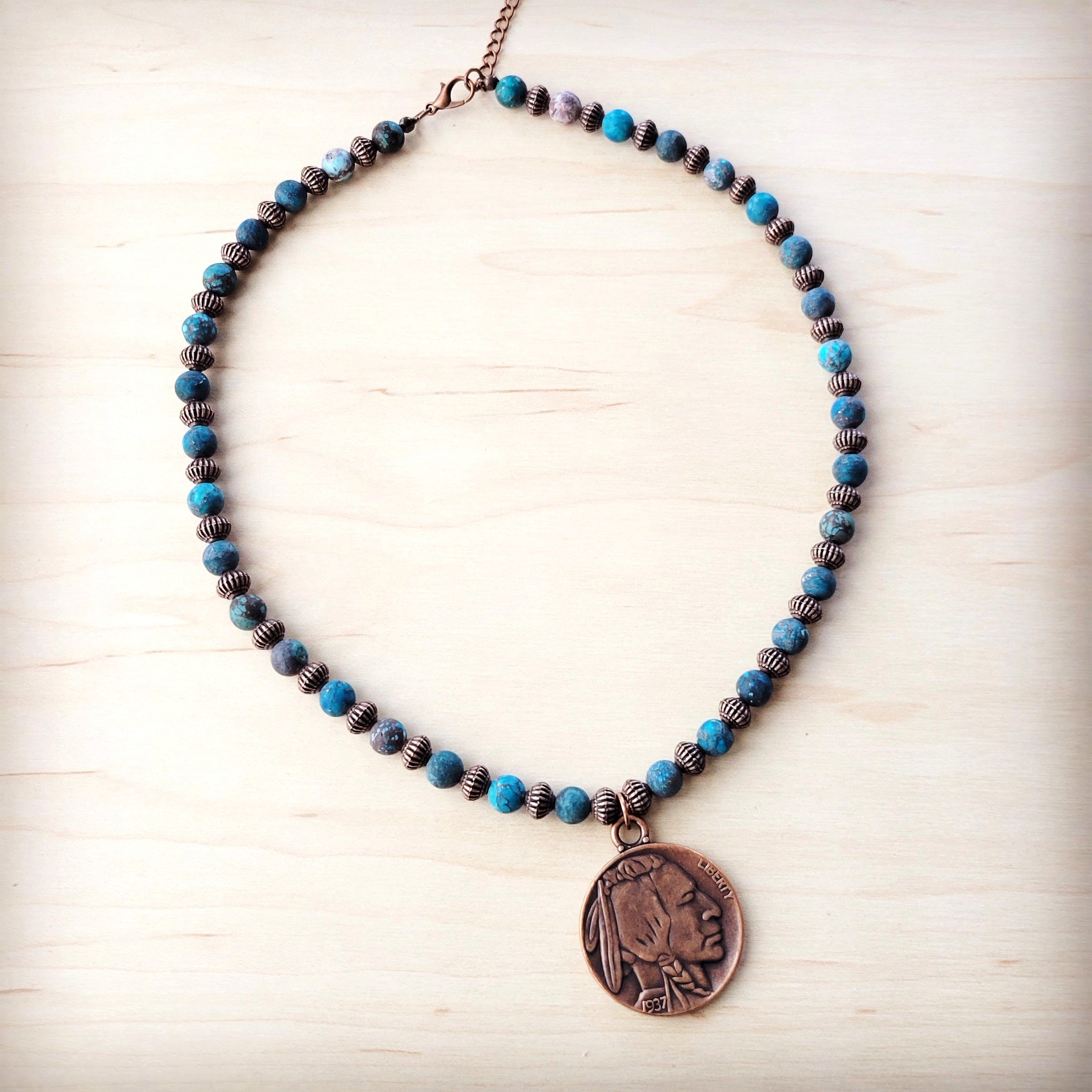 Natural American Turquoise Beaded Collar Necklace w/ Indian Head Pendant 262h
