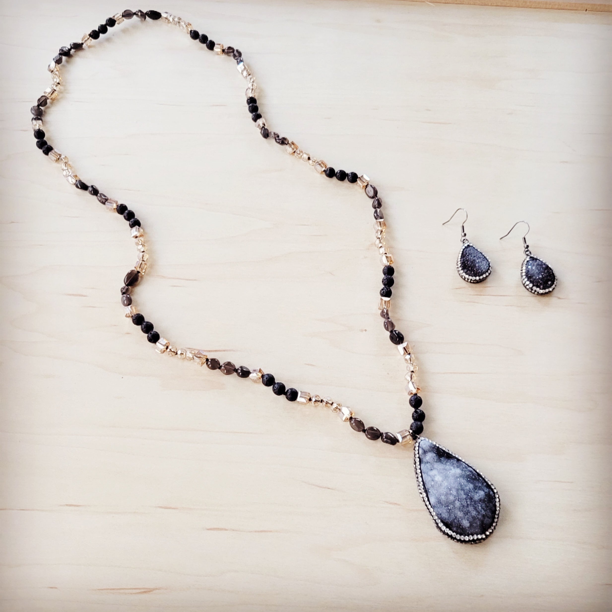 Black Lava Beaded Necklace w/ Druzy Pendant 257lb
