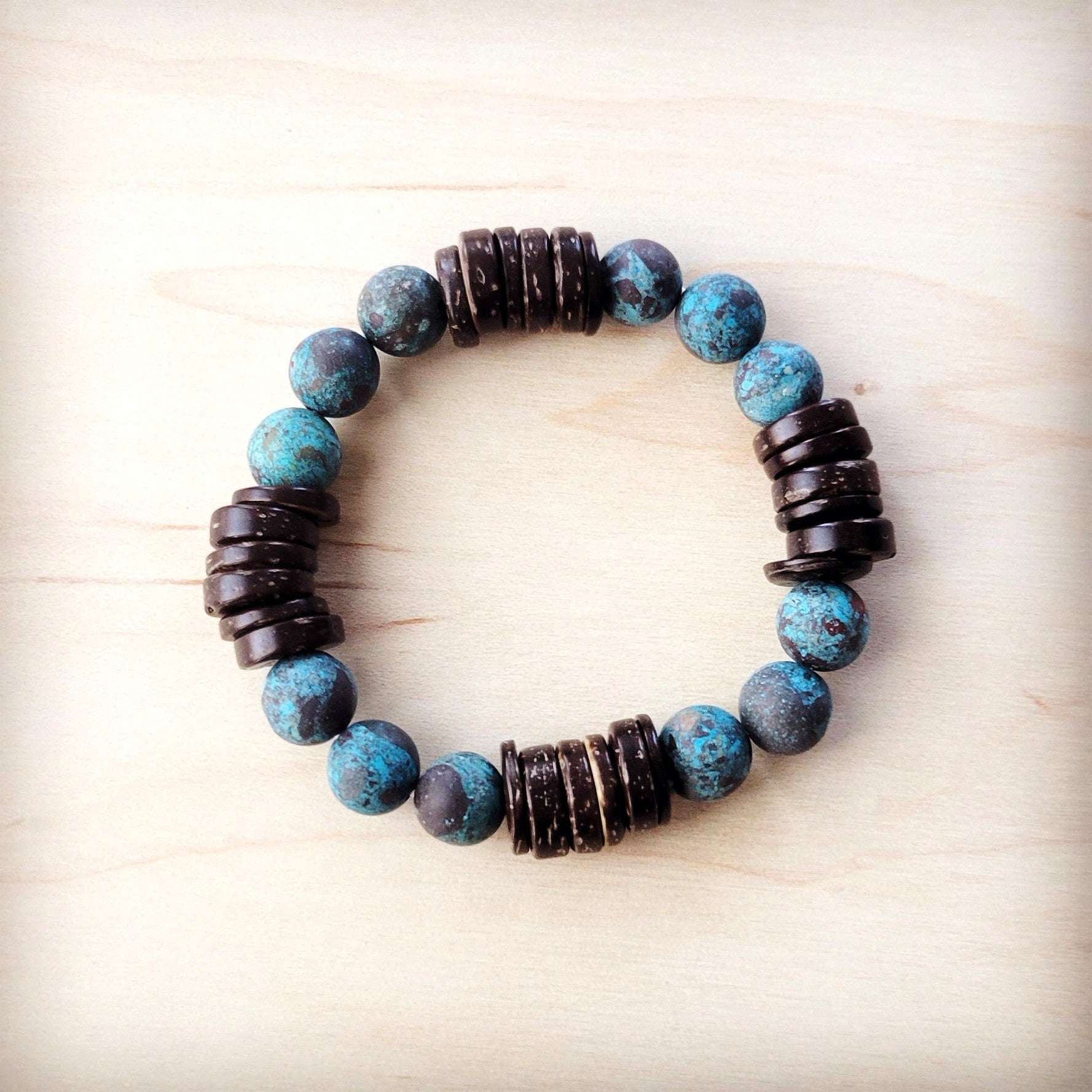 Natural American Turquoise and Wood Stretch Bracelet 811d