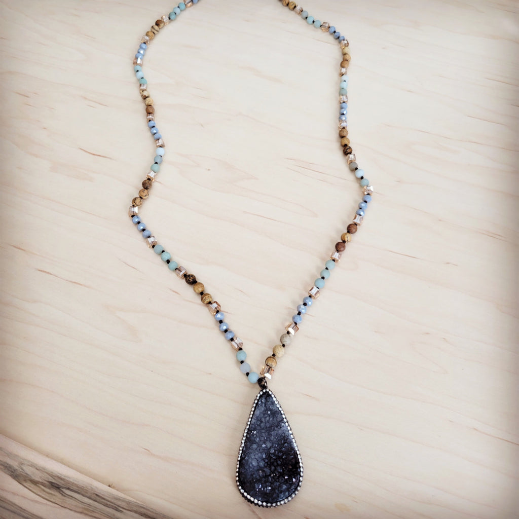 Amazonite & Crystal Long Beaded Necklace w/ Druzy Pendant 262u
