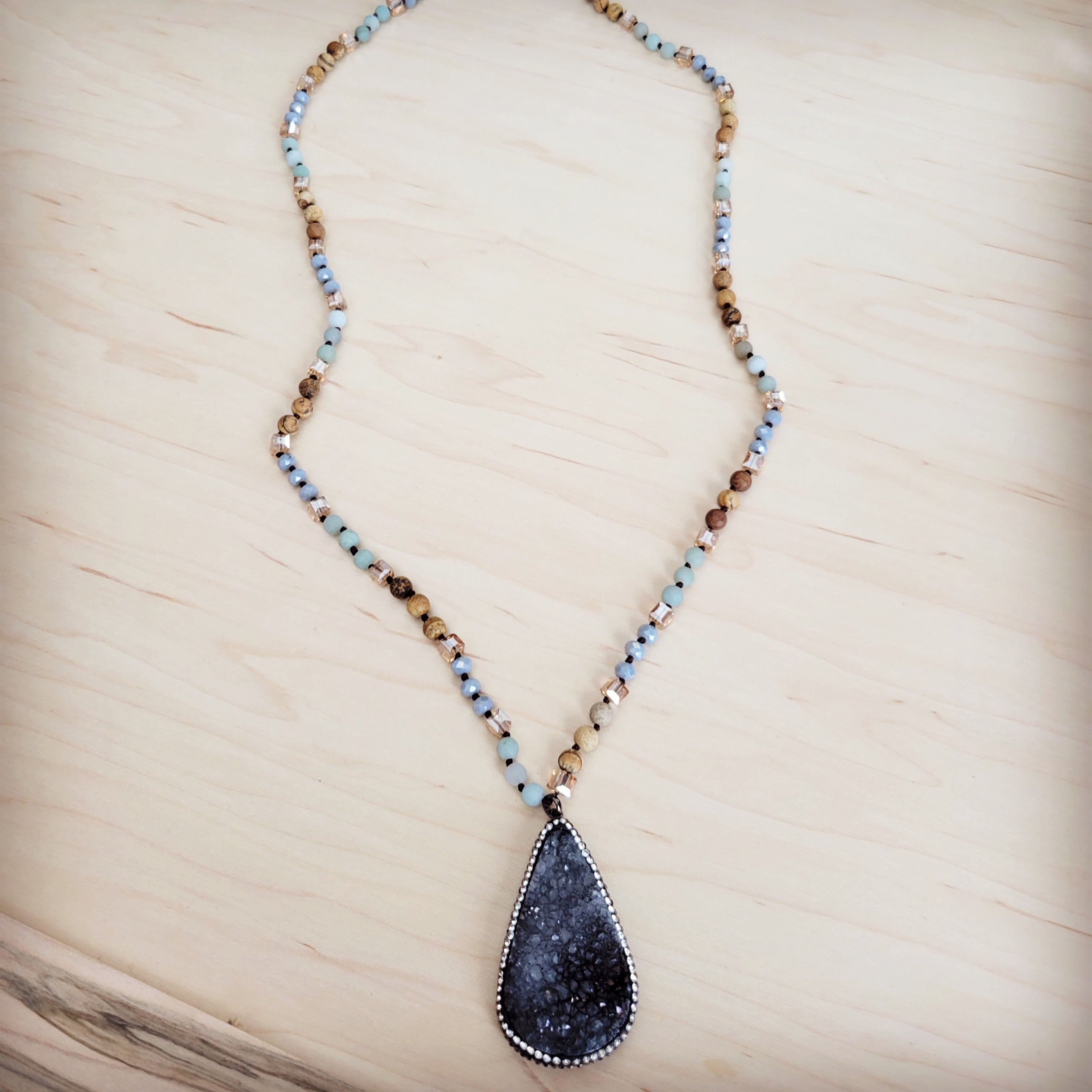 Amazonite & Crystal Long Beaded Necklace w/ Druzy Pendant 262u