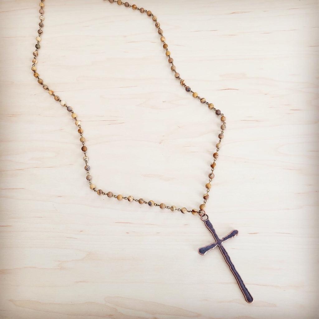 Genuine Picture Jasper Long Beaded Necklace with Antique Copper Cross 262w