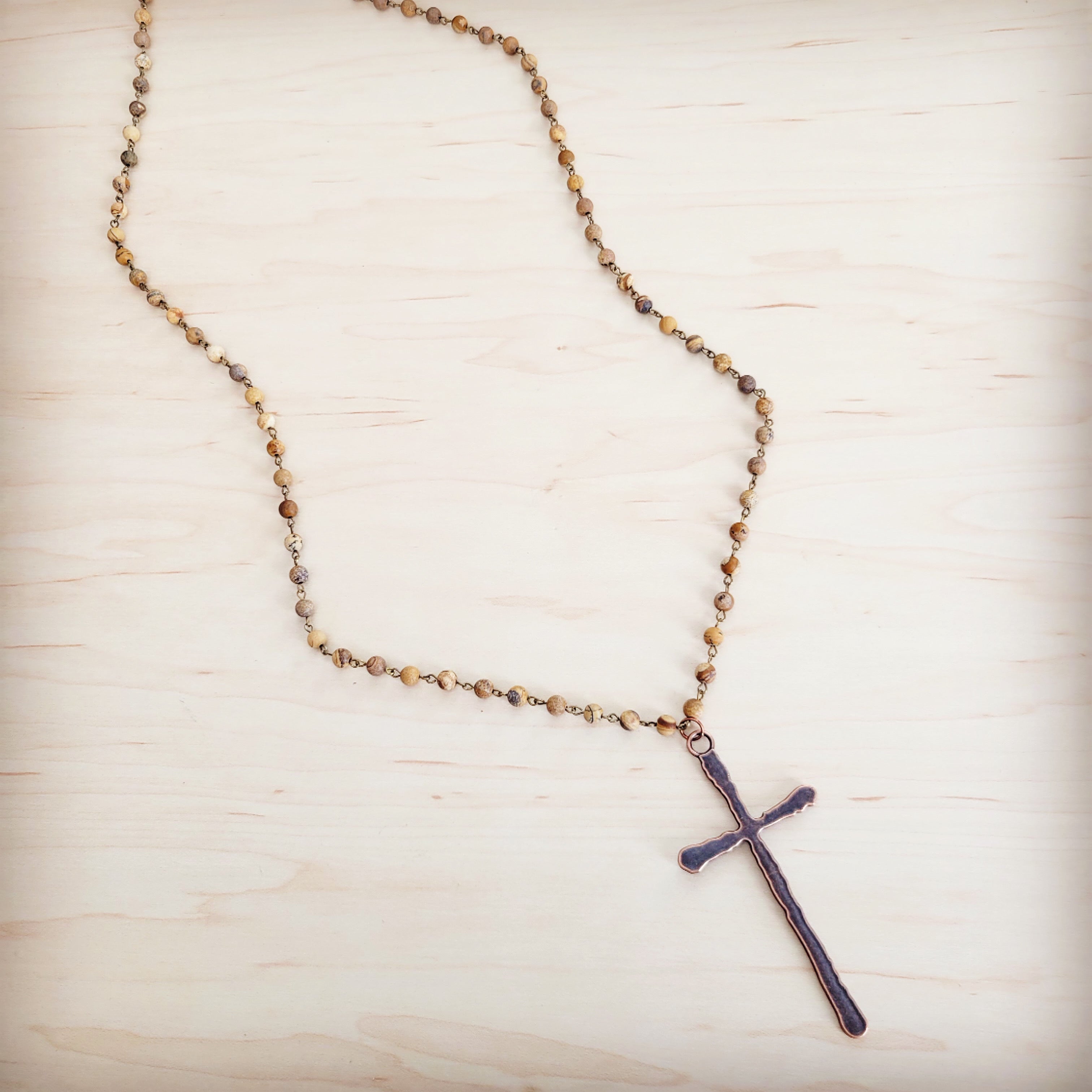 Genuine Picture Jasper Long Beaded Necklace with Antique Copper Cross 262w