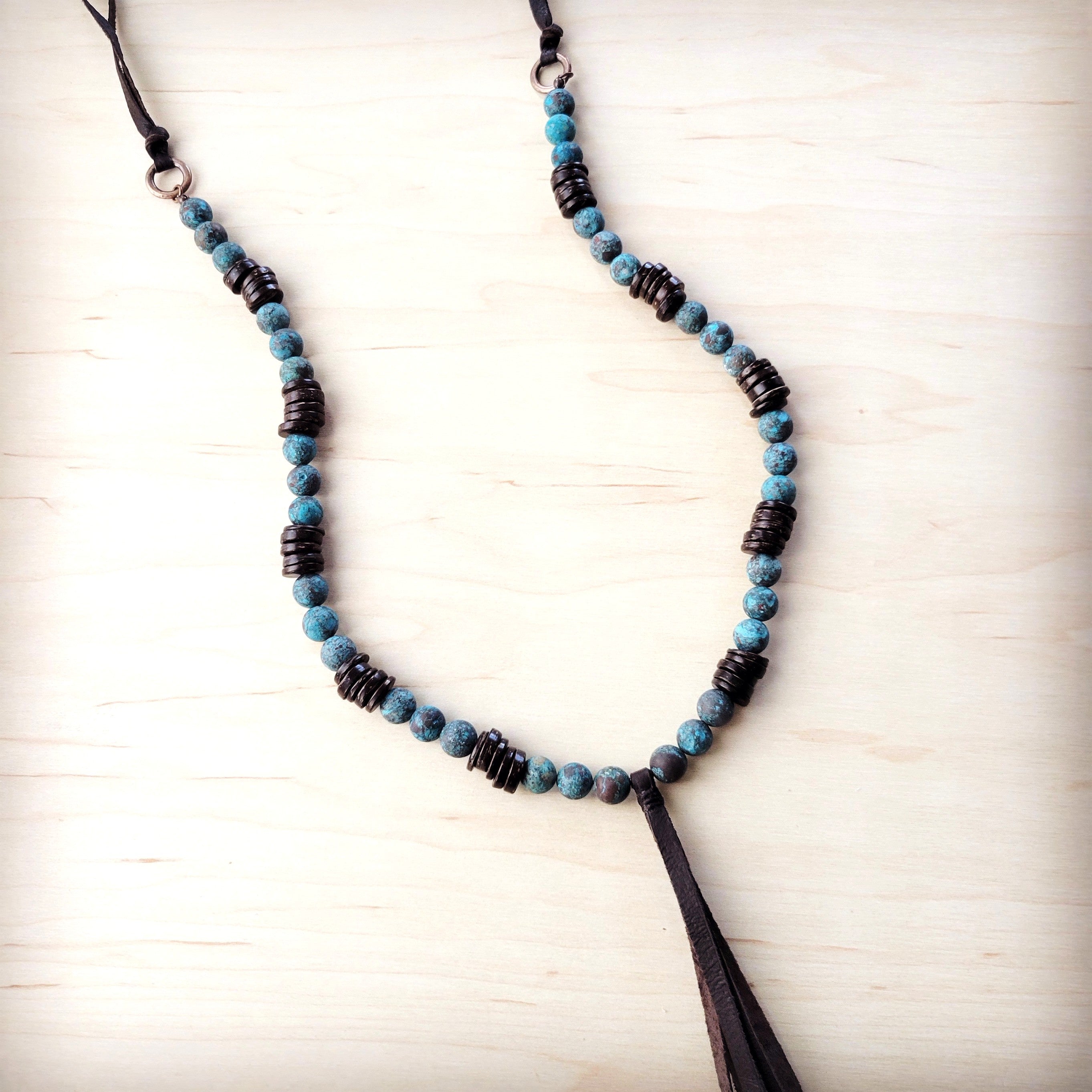 Natural American Turquoise Necklace w/ Wood Beads & Tassel 262i