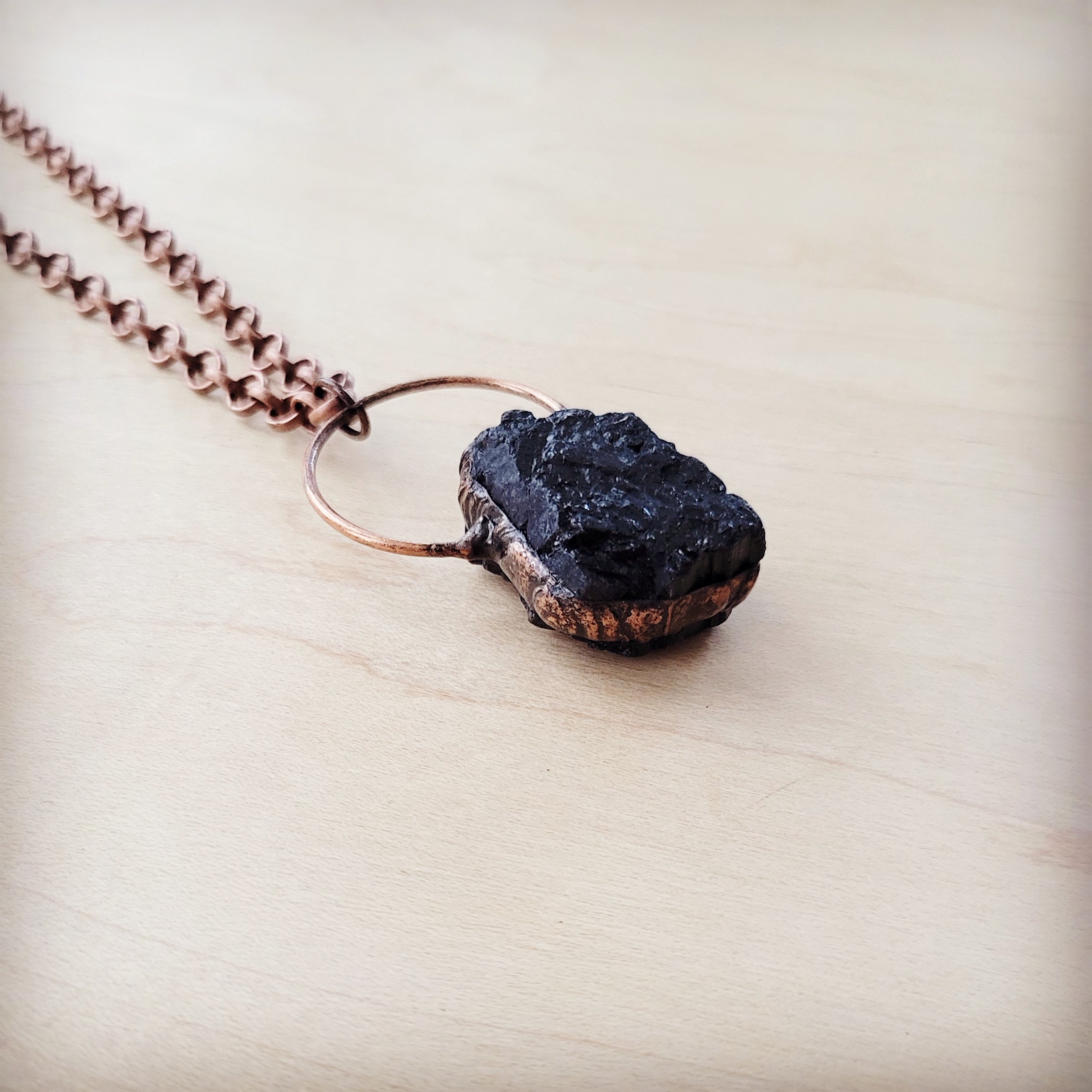 **Long Copper Necklace with Black Agate Pendant 261r