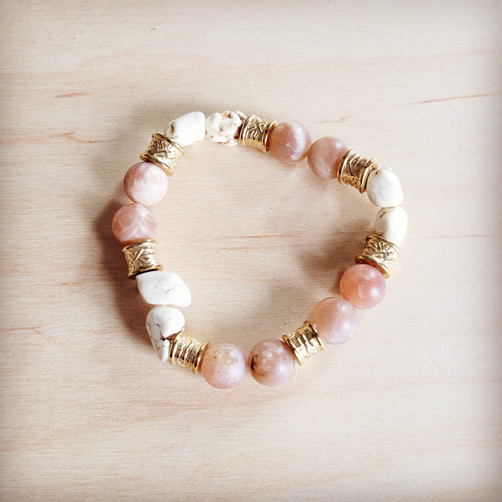 Frosted Sunstone & White Turquoie Beaded Stretch Bracelet 811o