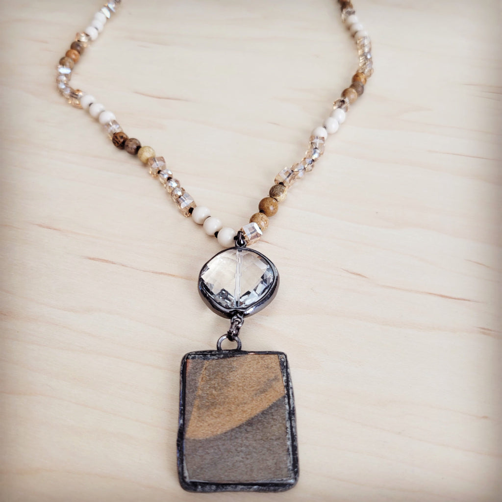 Picture Jasper & Crystal Long Beaded Necklace w/ Jasper Pendant 262t