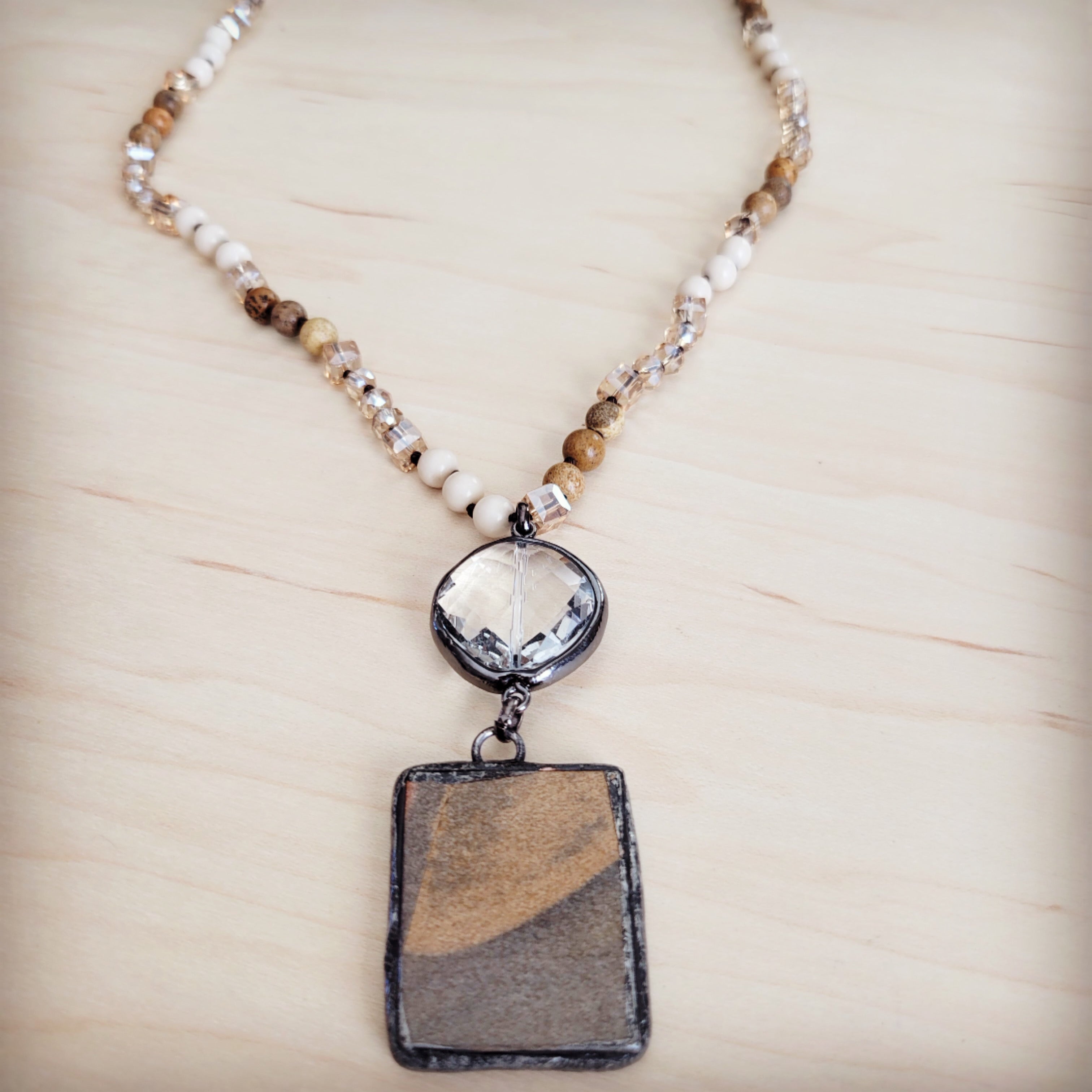 Picture Jasper & Crystal Long Beaded Necklace w/ Jasper Pendant 262t