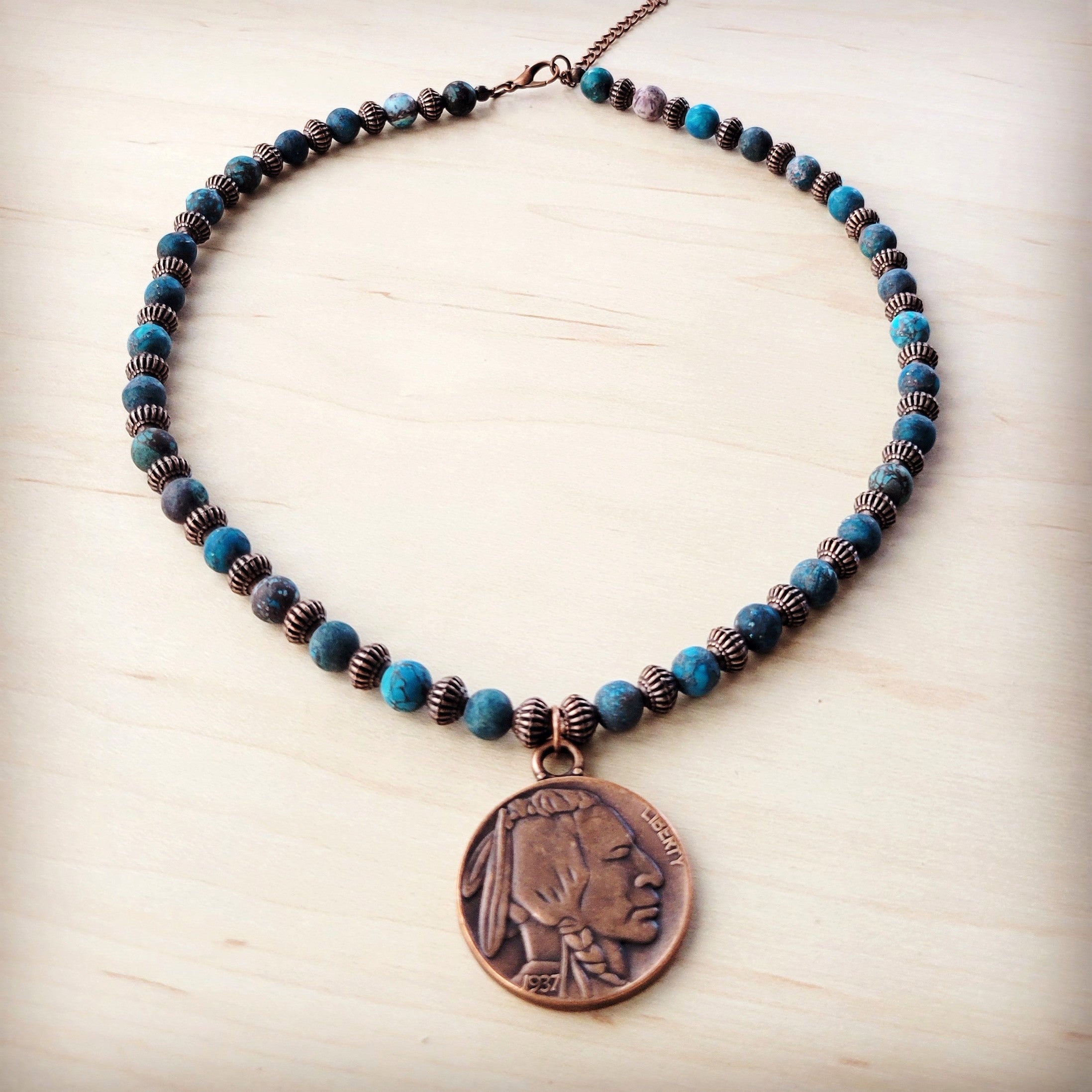 Natural American Turquoise Beaded Collar Necklace w/ Indian Head Pendant 262h