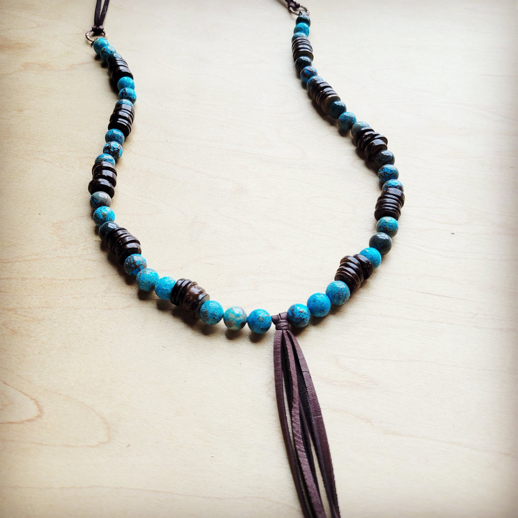 **Ocean Agate Necklace with Wood Beads and Leather Tassel 260b