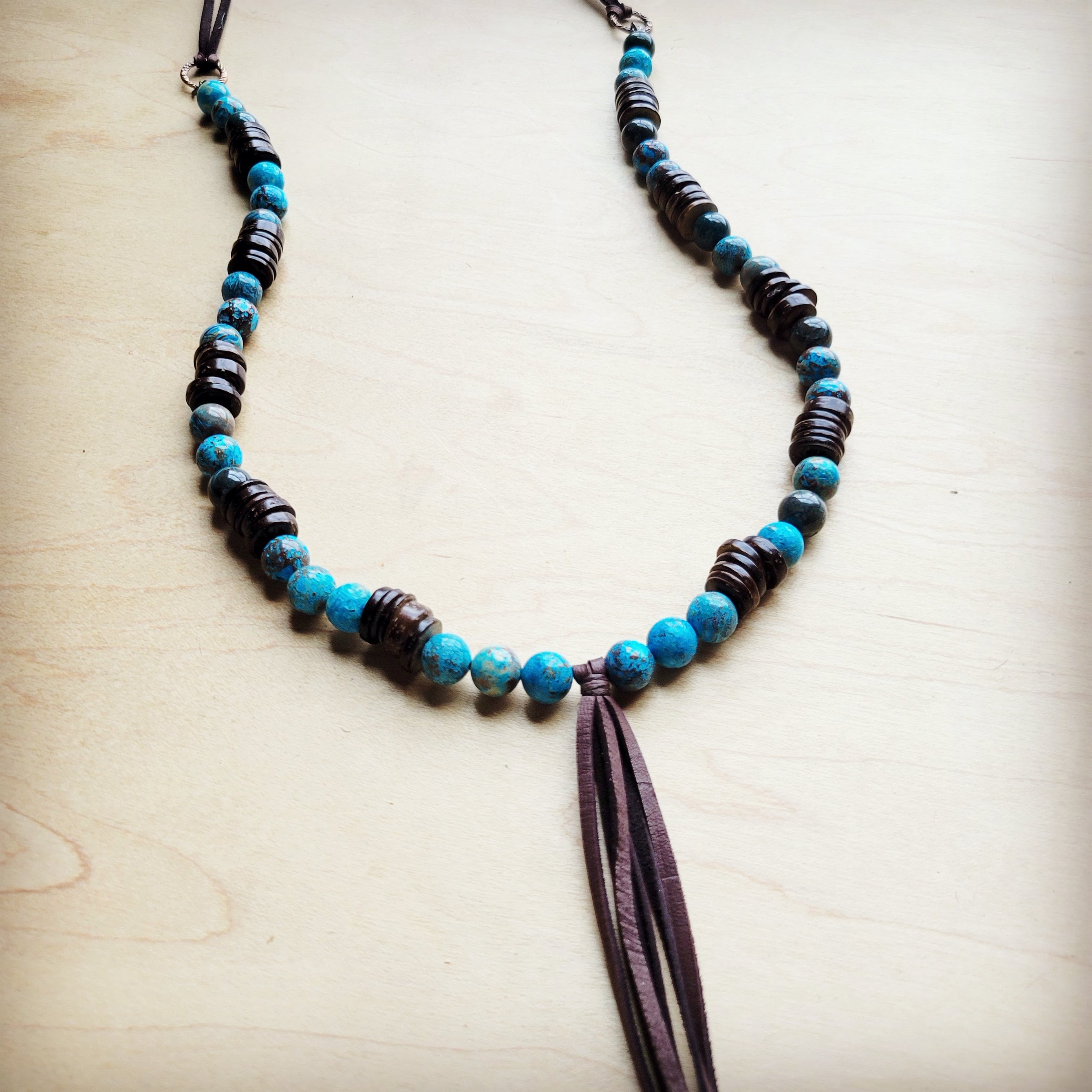 **Ocean Agate Necklace with Wood Beads and Leather Tassel 260b