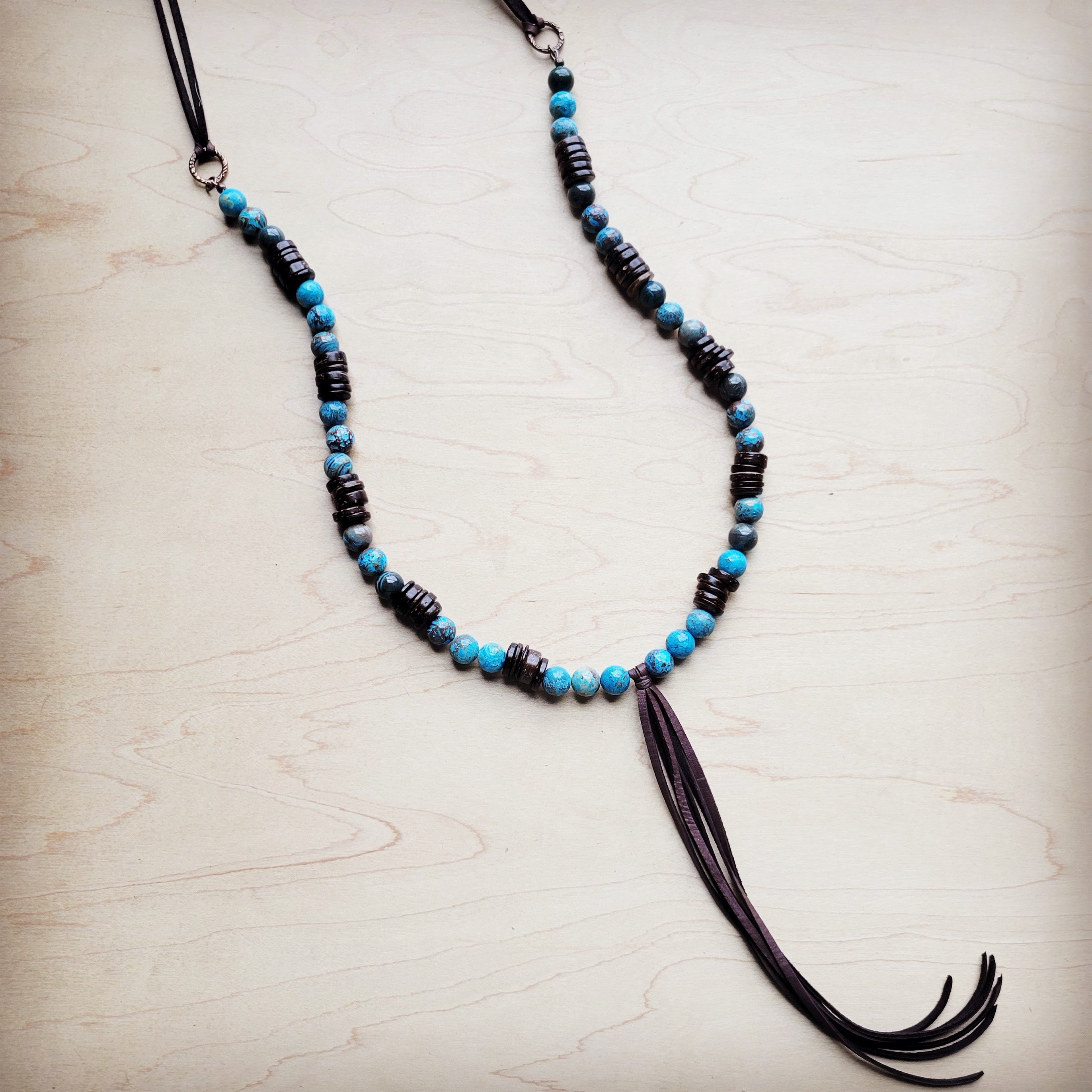 **Ocean Agate Necklace with Wood Beads and Leather Tassel 260b