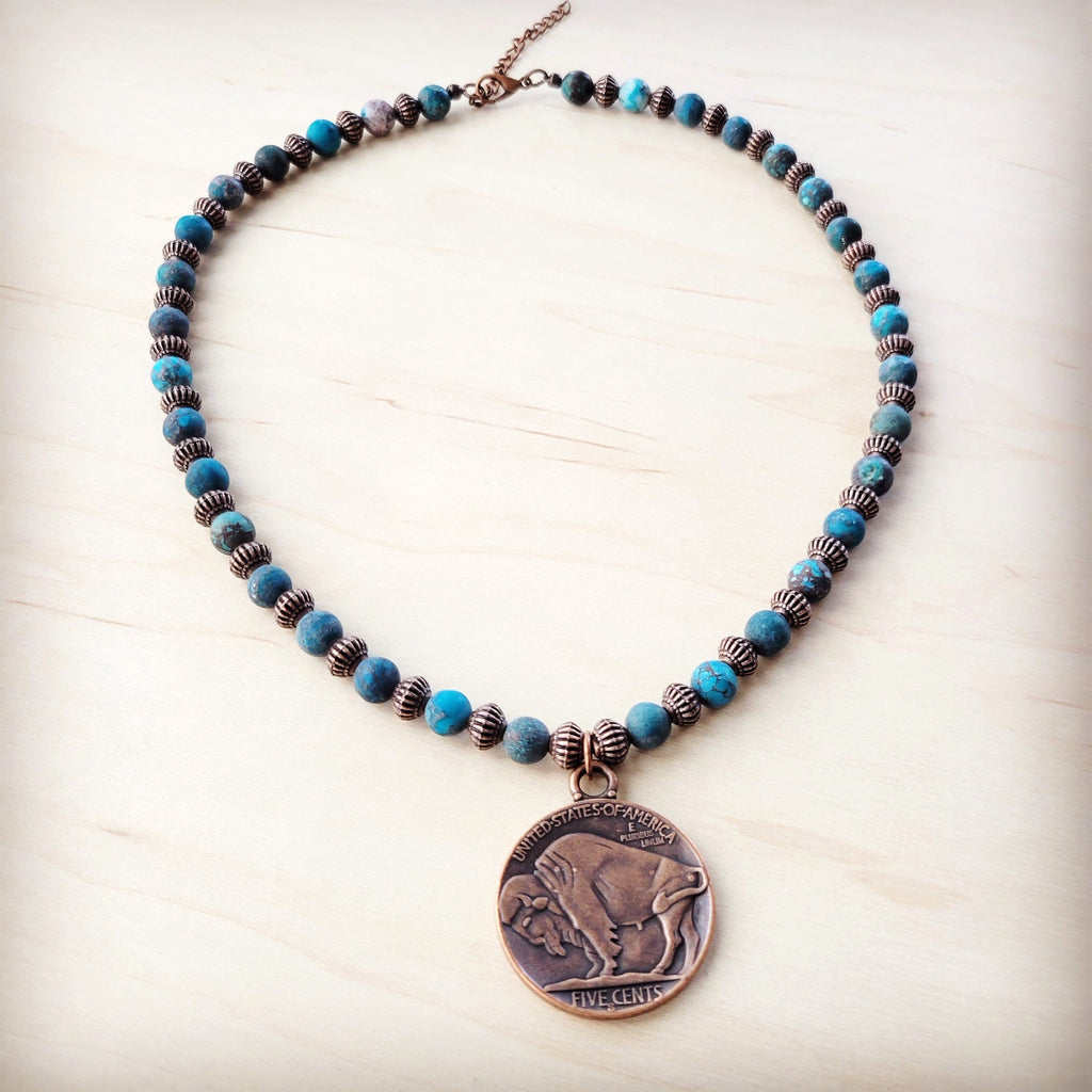 Natural American Turquoise Beaded Collar Necklace w/ Indian Head Pendant 262h