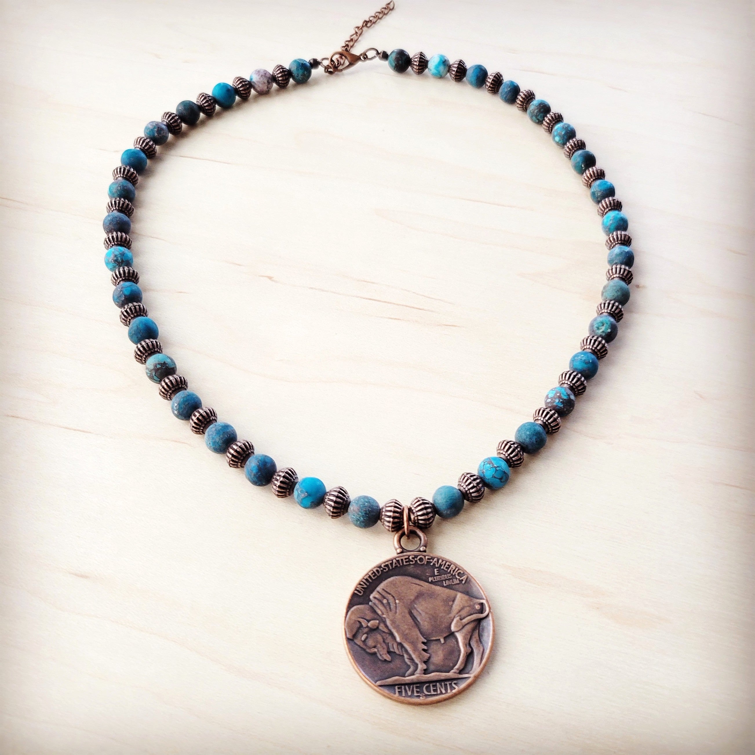 Natural American Turquoise Beaded Collar Necklace w/ Indian Head Pendant 262h