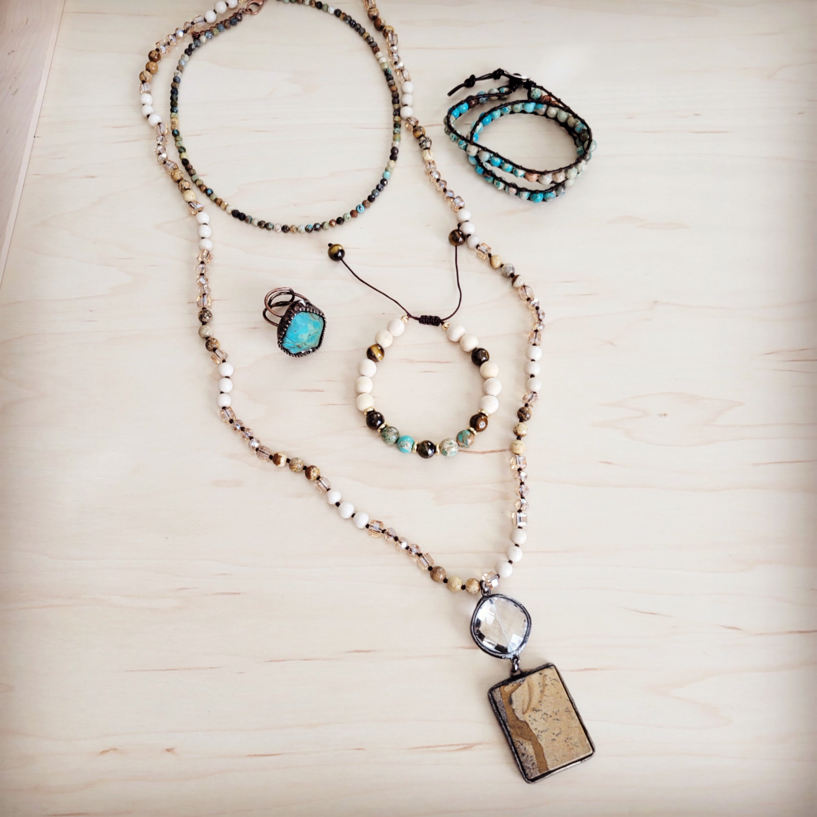 Picture Jasper & Crystal Long Beaded Necklace w/ Jasper Pendant 262t