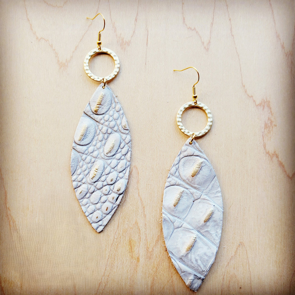 **Narrow Leather Oval Earrings White & Gold Gator w/ Matte Gold Hoop 210x