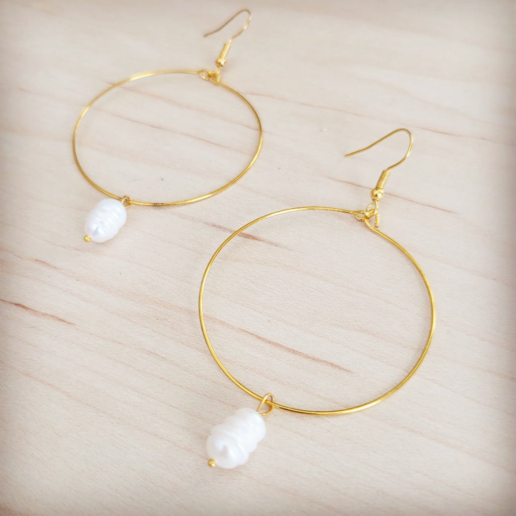 Beaded Hoop Earrings- Freshwater Pearl Dangle 200bf