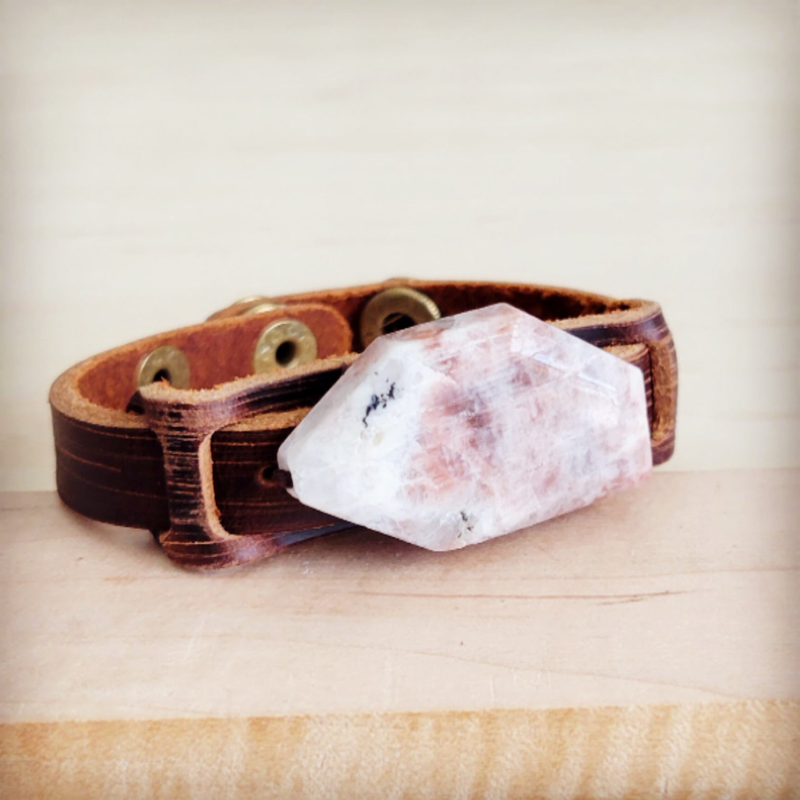 Sunstone Slab Narrow Leather Cuff Bracelet 001ab