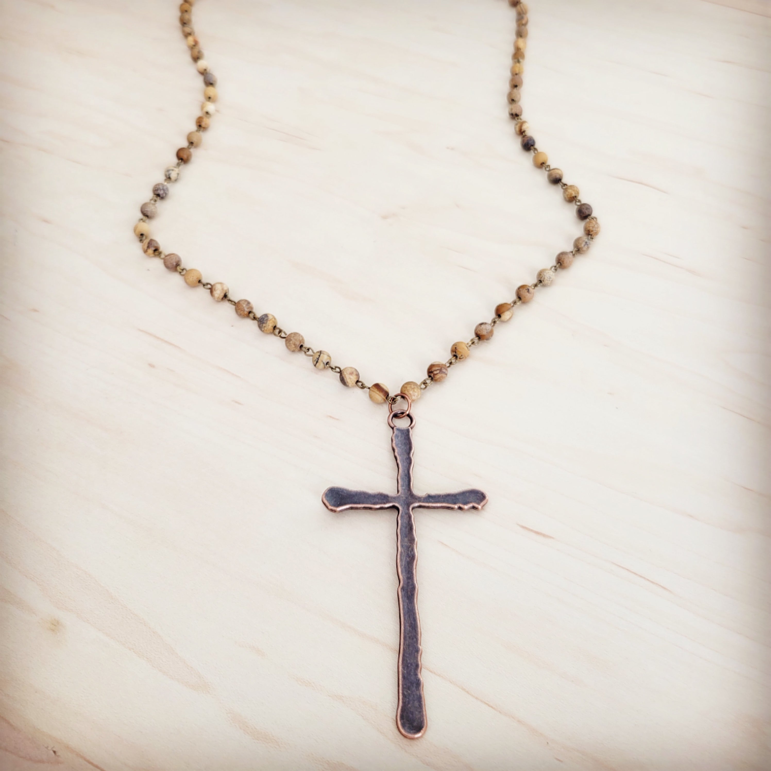 Genuine Picture Jasper Long Beaded Necklace with Antique Copper Cross 262w