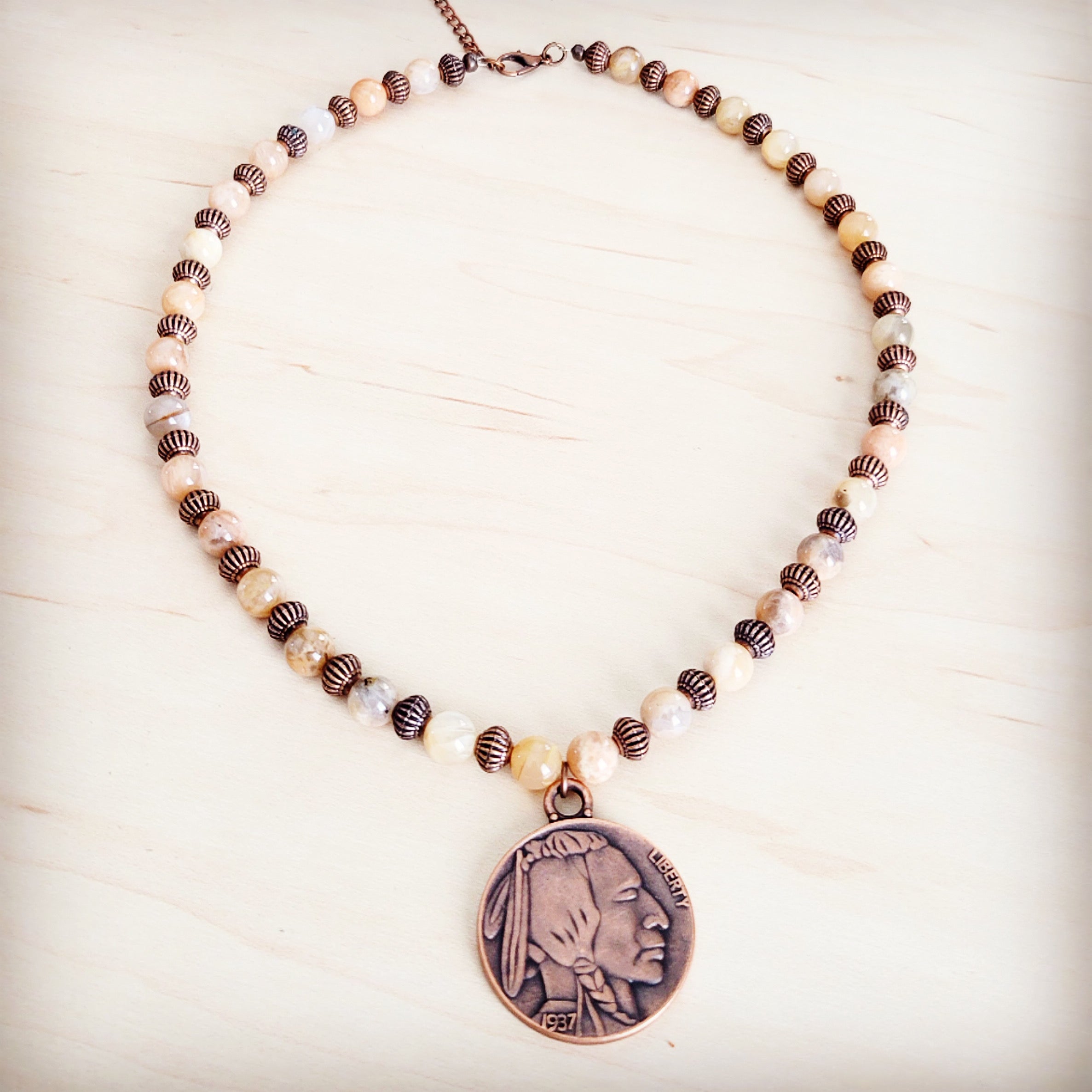 **Natural Agate Beaded Collar Necklace w/ Indian Head Pendant 262m