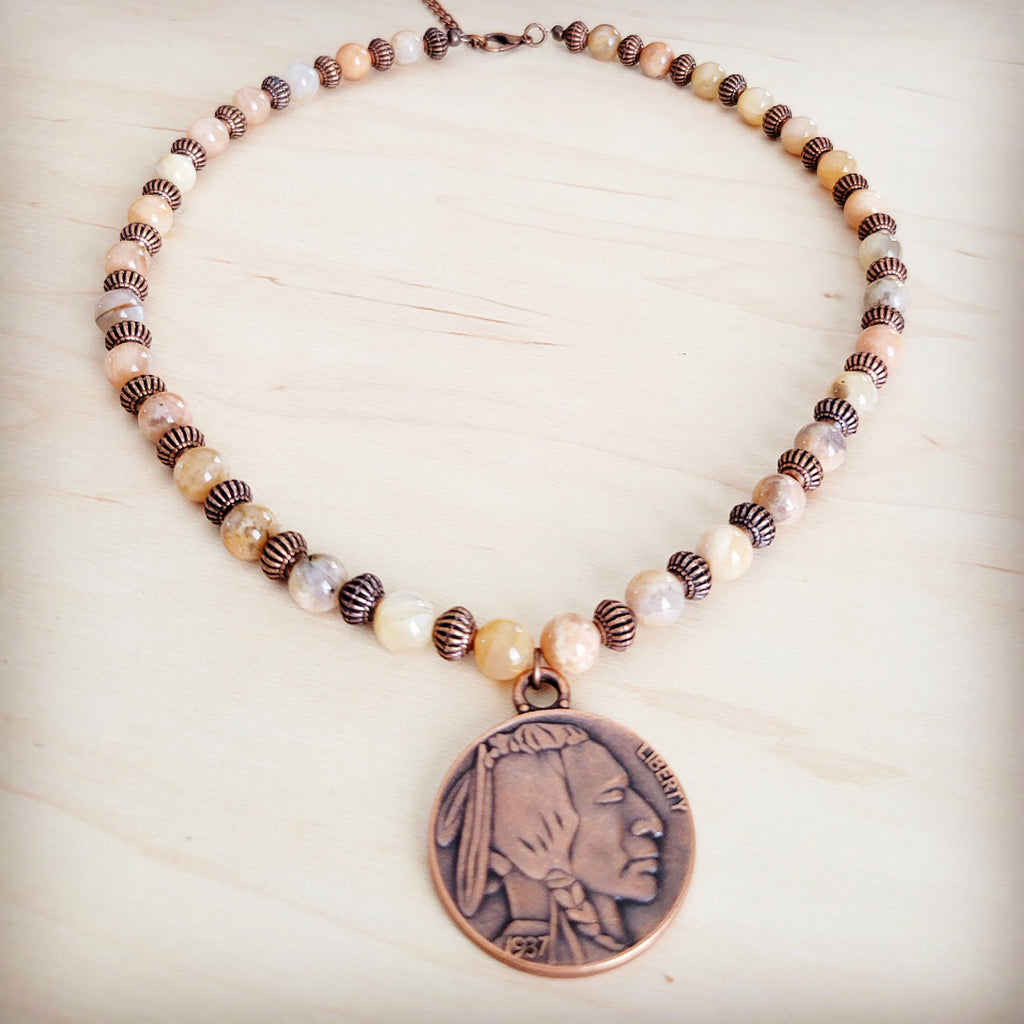 **Natural Agate Beaded Collar Necklace w/ Indian Head Pendant 262m