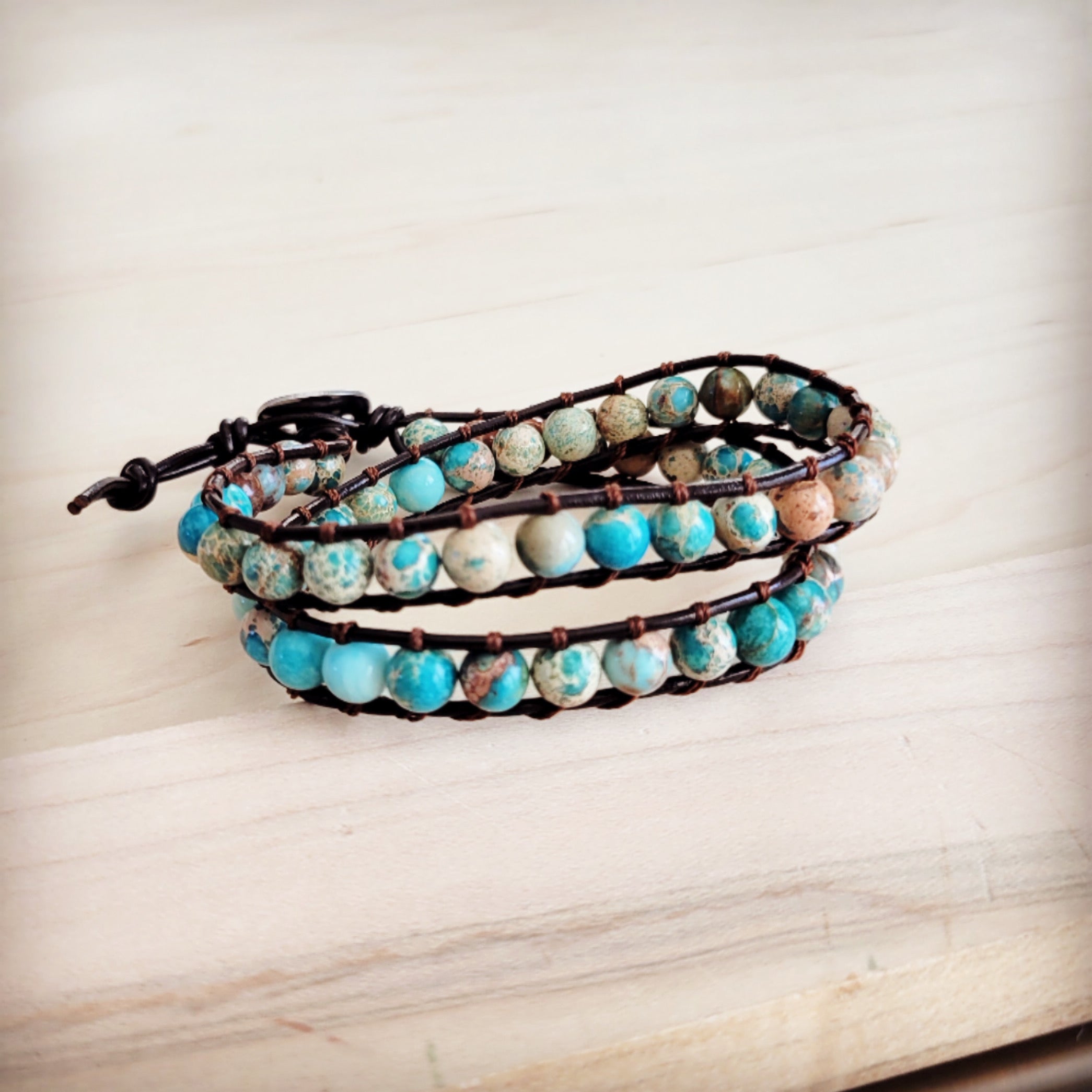 Genuine Jasper Beaded Leather Double Wrap Bracelet 811s