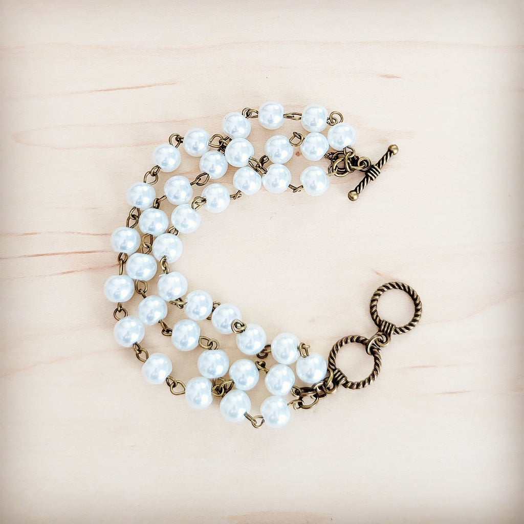 Pearl  & Copper Triple Strand Bracelet 804a