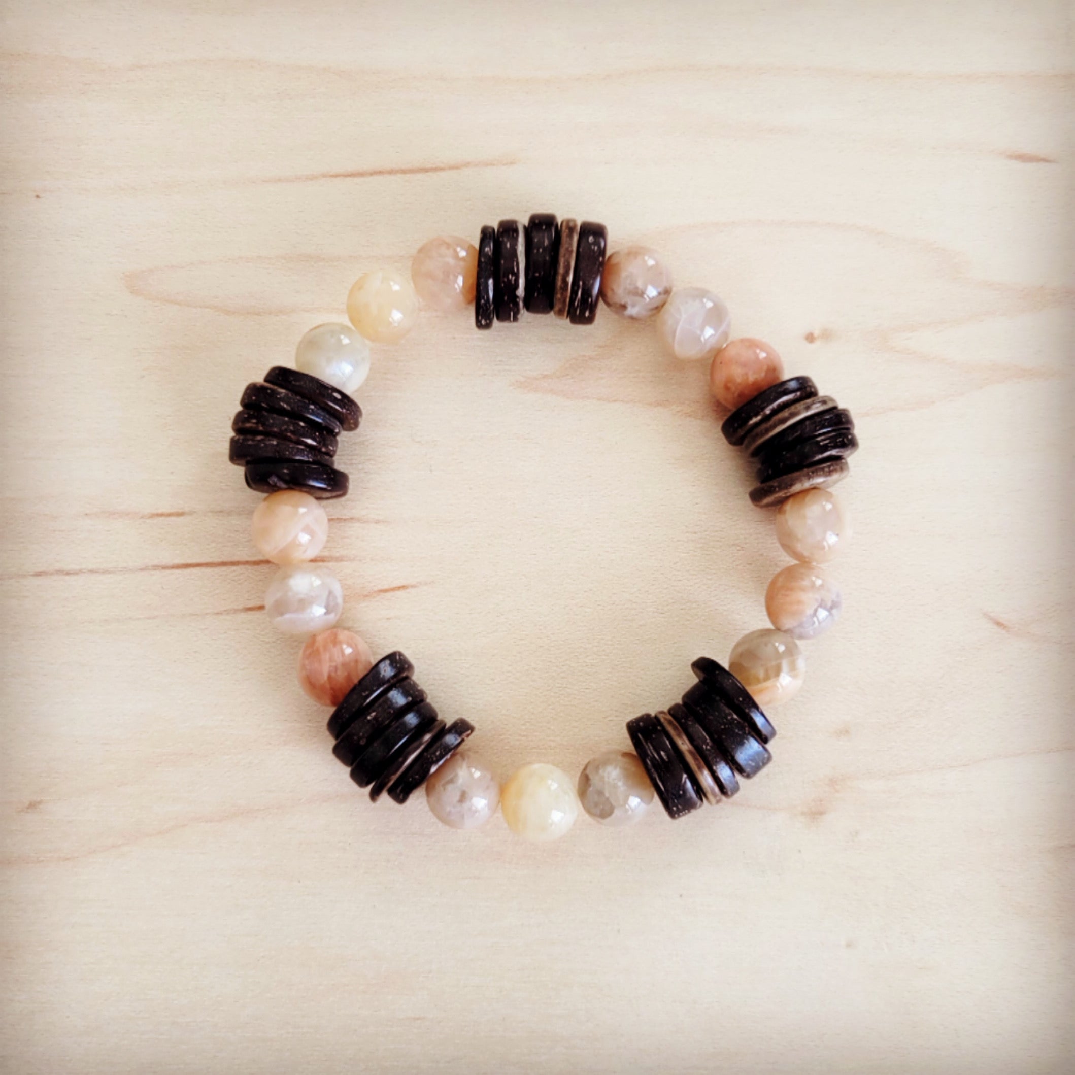 Natural Agate and Wood Beaded Stretch Bracelet 811n