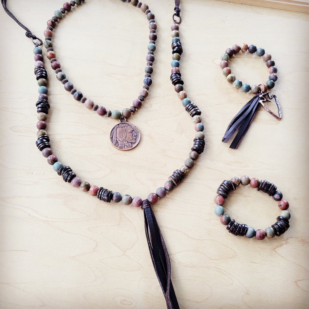 **Picasso Jasper Beaded Bracelet w/ Leather Tassel and Arrowhead 810o