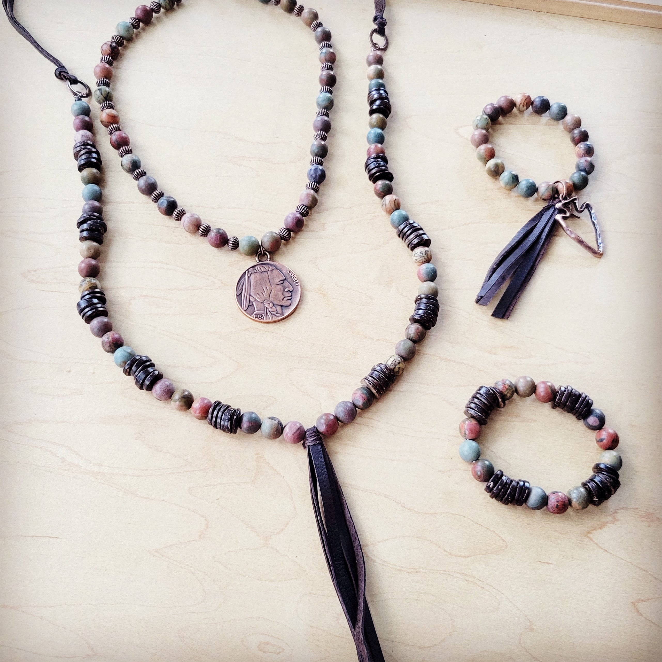 **Picasso Jasper Beaded Bracelet w/ Leather Tassel and Arrowhead 810o