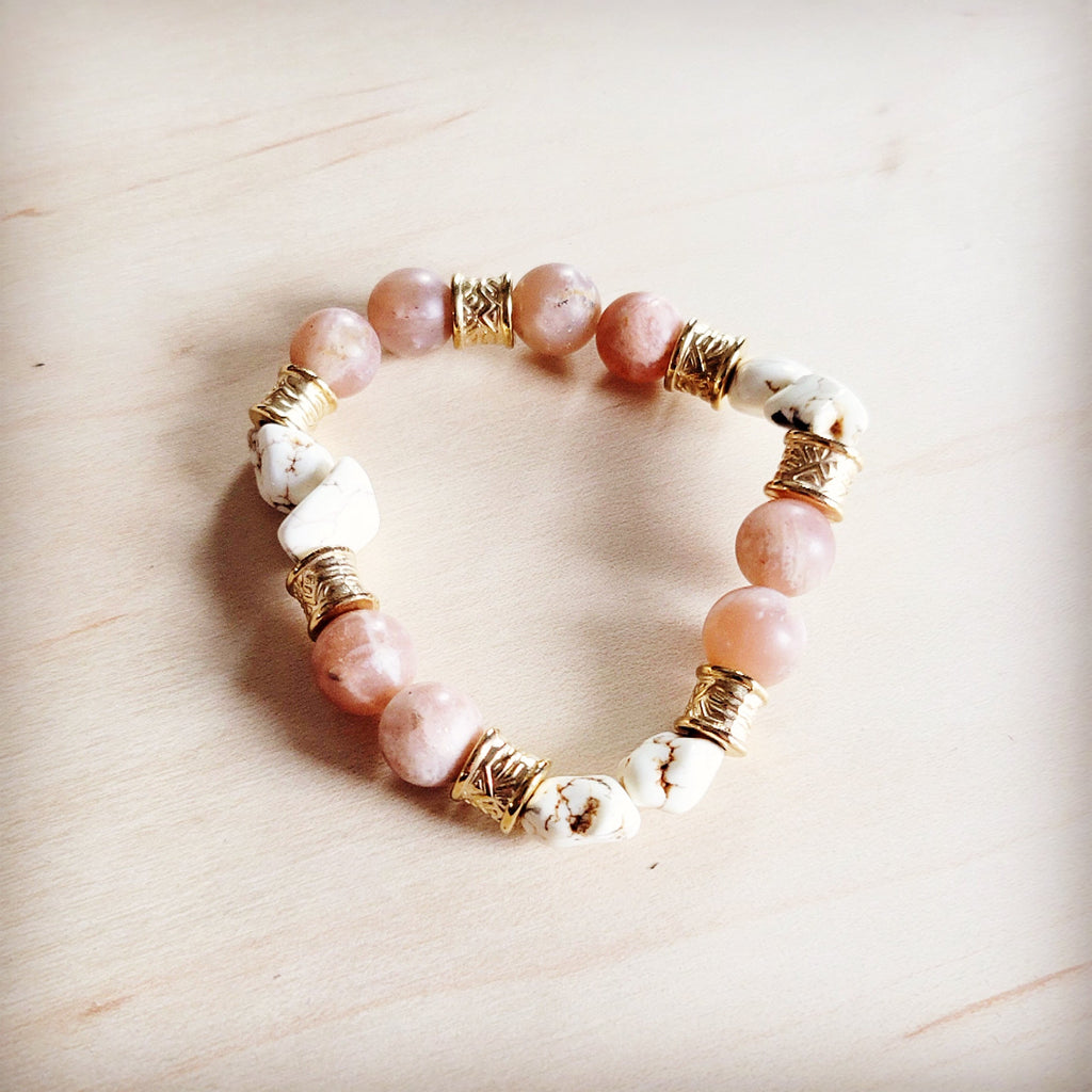 Frosted Sunstone & White Turquoie Beaded Stretch Bracelet 811o